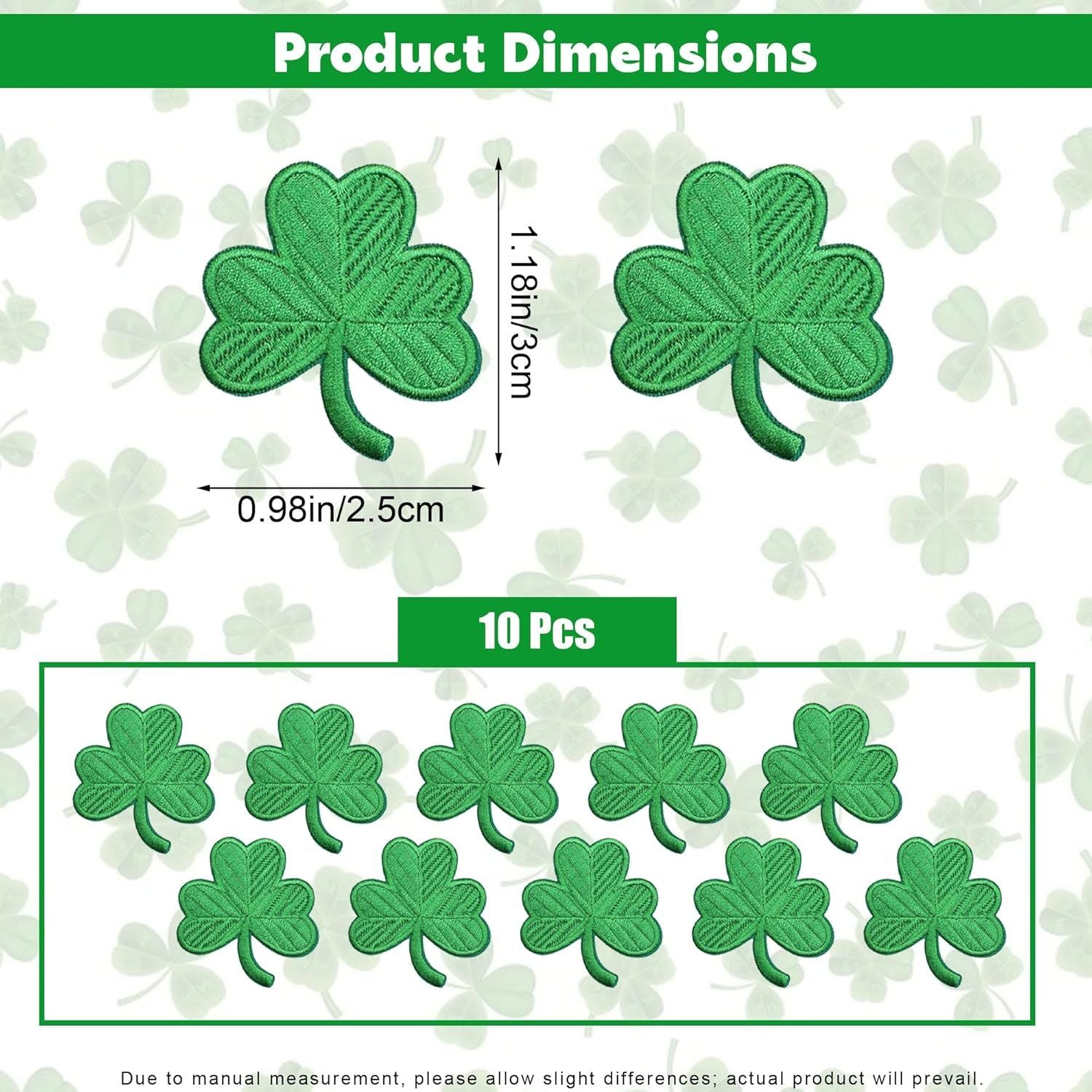 10Pcs Shamrock Iron on Patches, St Patricks Day Iron on Patches, Green Embroidered Emblem Lucky Clover Sew on Appliques for Clothing, Uniforms, Hats, Backpacks, Jackets, Pants, Accessories