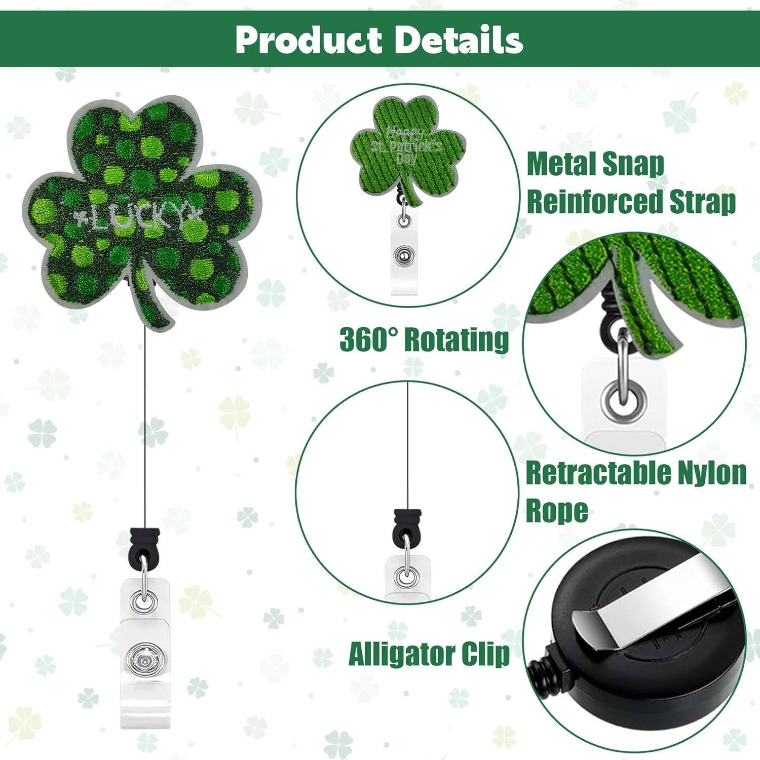 St Patricks Day Badge Reel, 2Pcs Retractable Shamrock Badge Reel, Cute Lucky Clover ID Name Badge Holder with Alligator Clip for Nurse Doctor Teacher Student Name Tag Card Badge Accessories