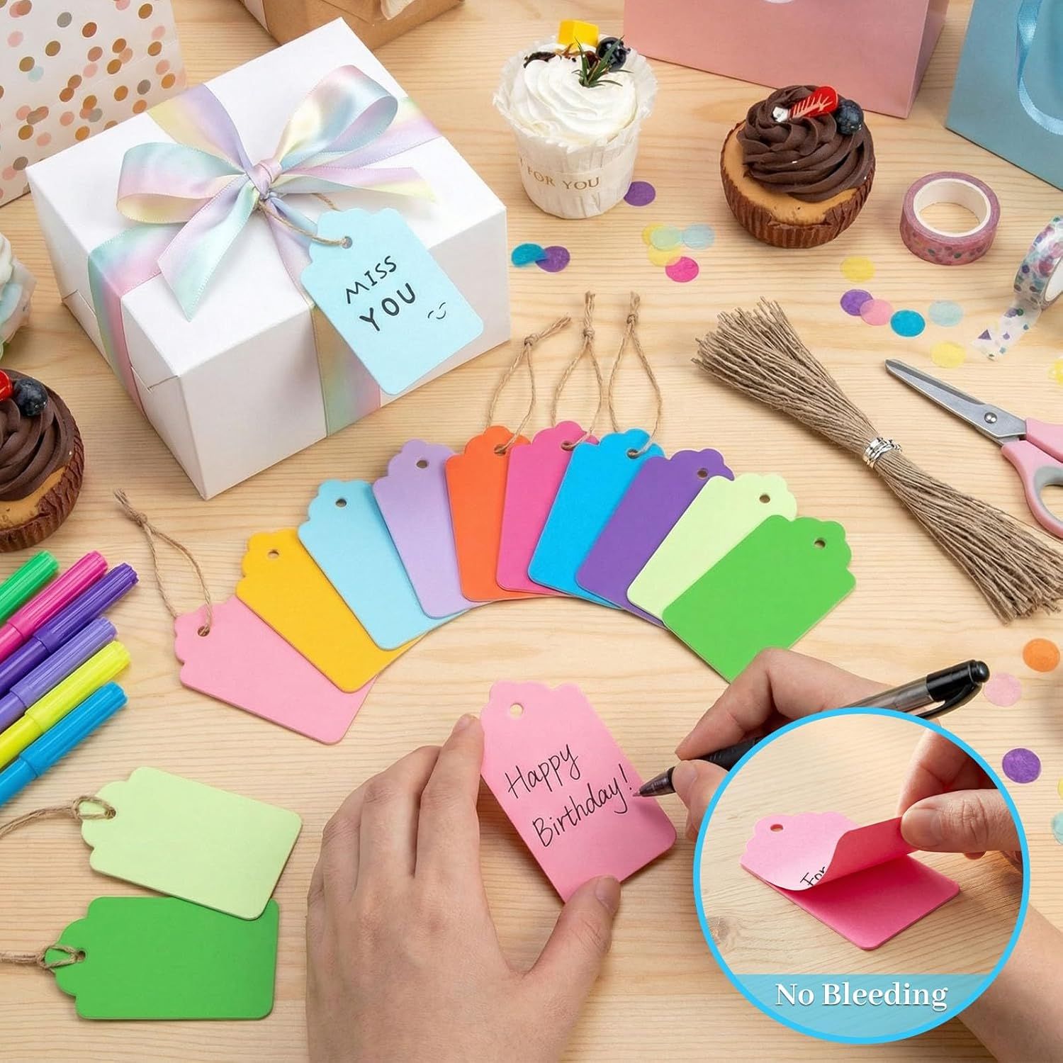 100 PCS Gift Tags with String Attached, 1.7x2.8 inch Colored Gift Tags for Presents DIY Crafts Clothes Holiday Wedding Party Favors