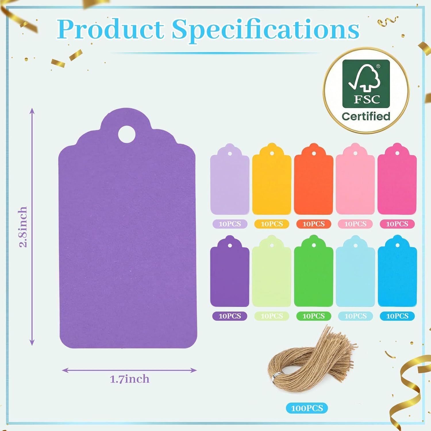 100 PCS Gift Tags with String Attached, 1.7x2.8 inch Colored Gift Tags for Presents DIY Crafts Clothes Holiday Wedding Party Favors
