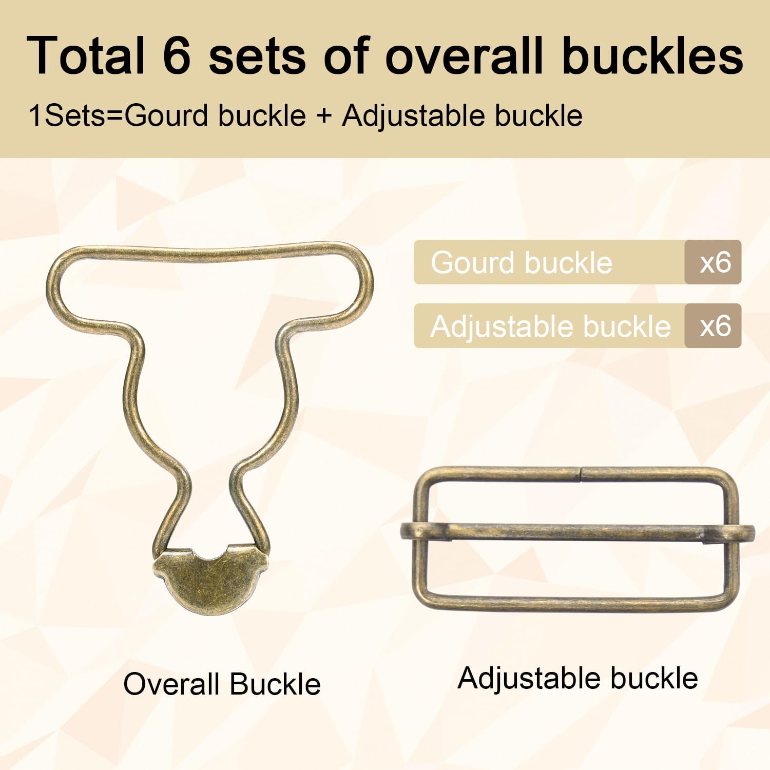 CooBigo 6 Sets 1-1/2" Overall Buckles Replacement, Suspender Buckle Metal Bib Clip Clasp with Adjustable Tri-Glide Slide Buckle for Jeans Suspender, Pants Sewing Accessories Bronze No-Sew Button