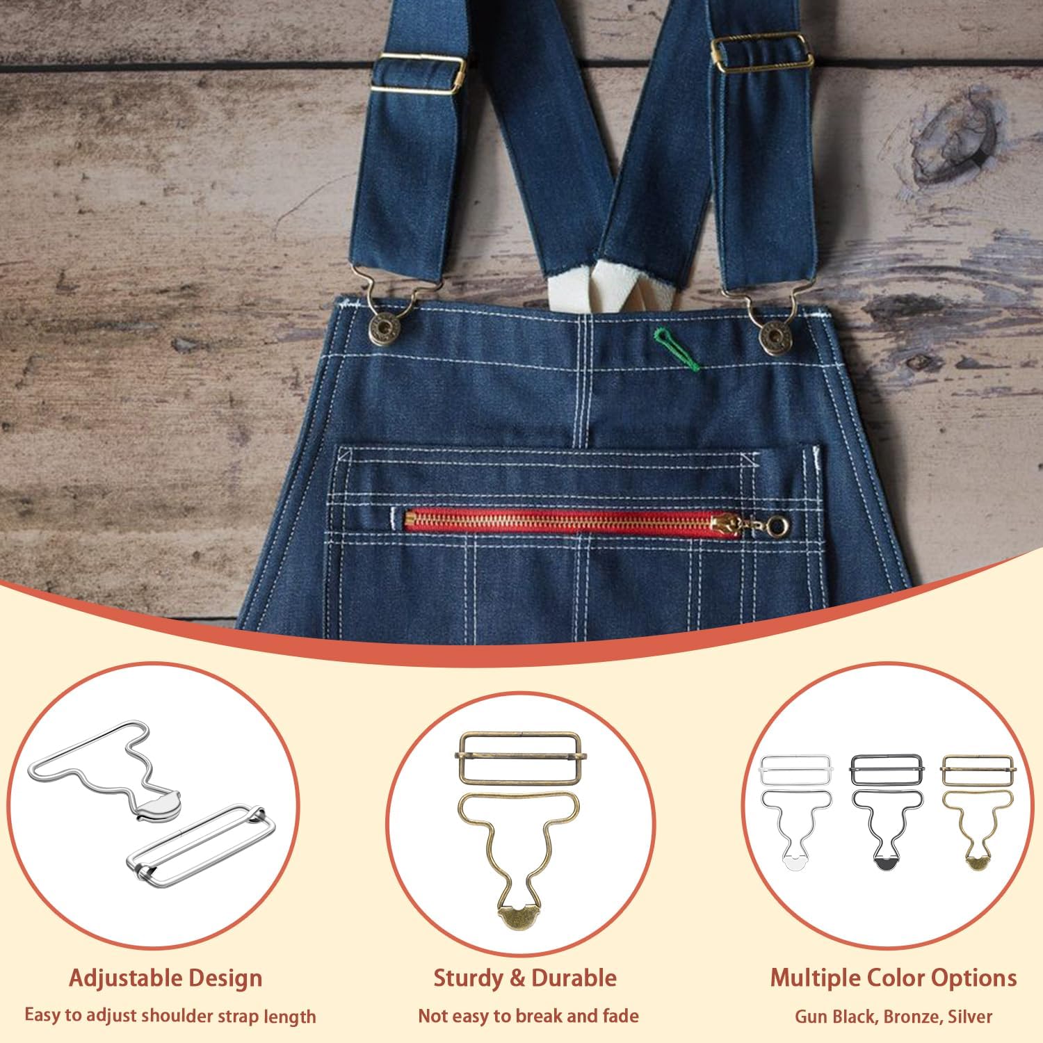 CooBigo 6 Sets 1-1/2" Overall Buckles Replacement, Suspender Buckle Metal Bib Clip Clasp with Adjustable Tri-Glide Slide Buckle for Jeans Suspender, Pants Sewing Accessories Bronze No-Sew Button
