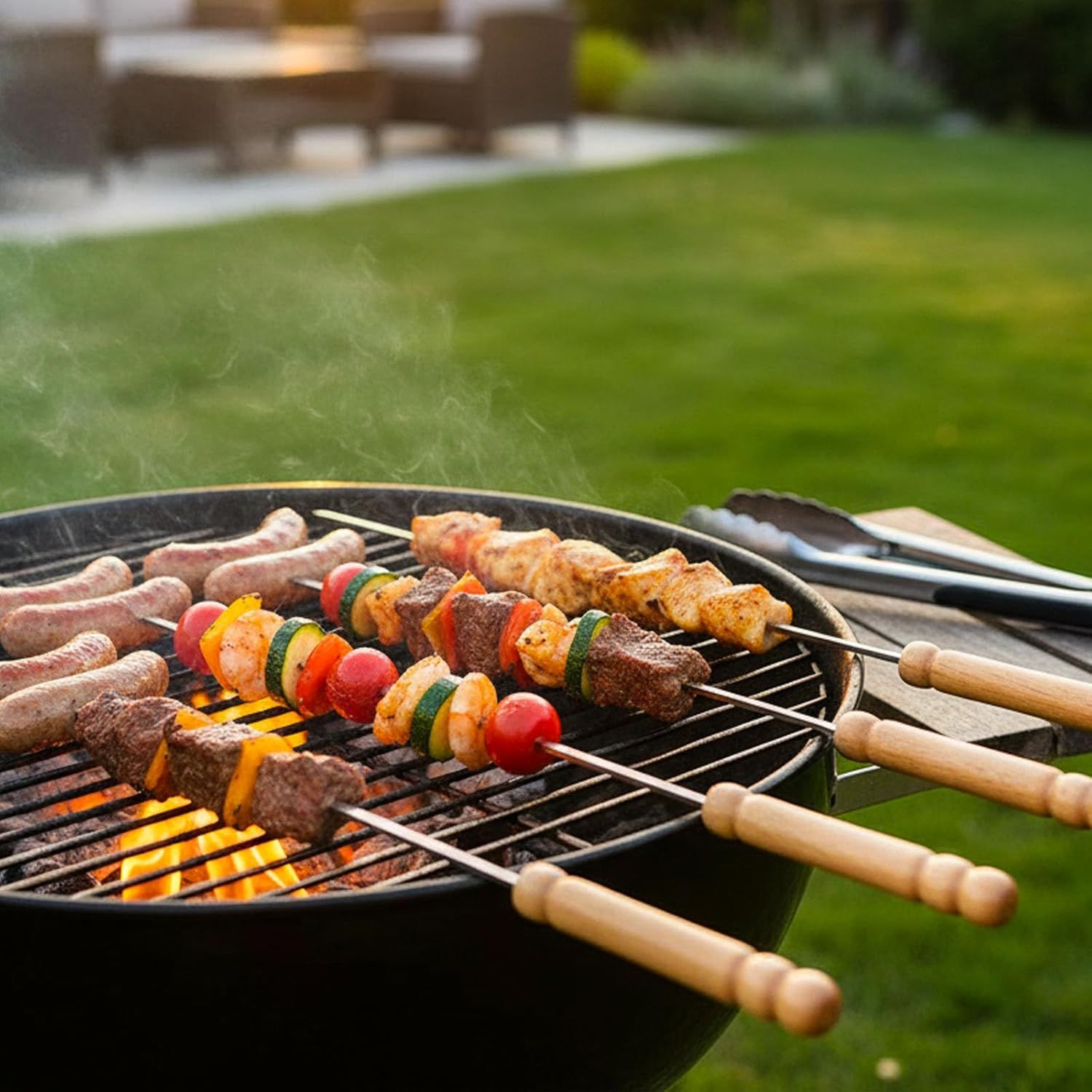 12 PCS Skewers for Grilling, Kabob Skewers with Wood Handle, Reusable BBQ Barbecue Sticks for Marshmallow, Hot Dog, Meat, Vegetable, Camping Cookware Grill Cooking, 11.7" Including Handle