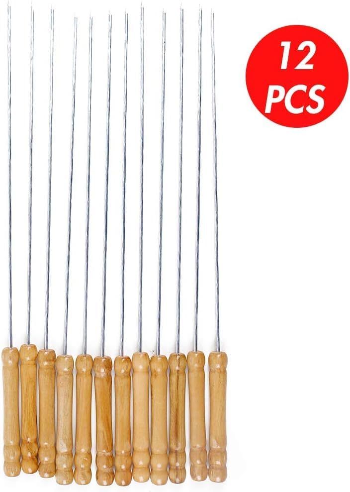 12 PCS Skewers for Grilling, Kabob Skewers with Wood Handle, Reusable BBQ Barbecue Sticks for Marshmallow, Hot Dog, Meat, Vegetable, Camping Cookware Grill Cooking, 11.7" Including Handle