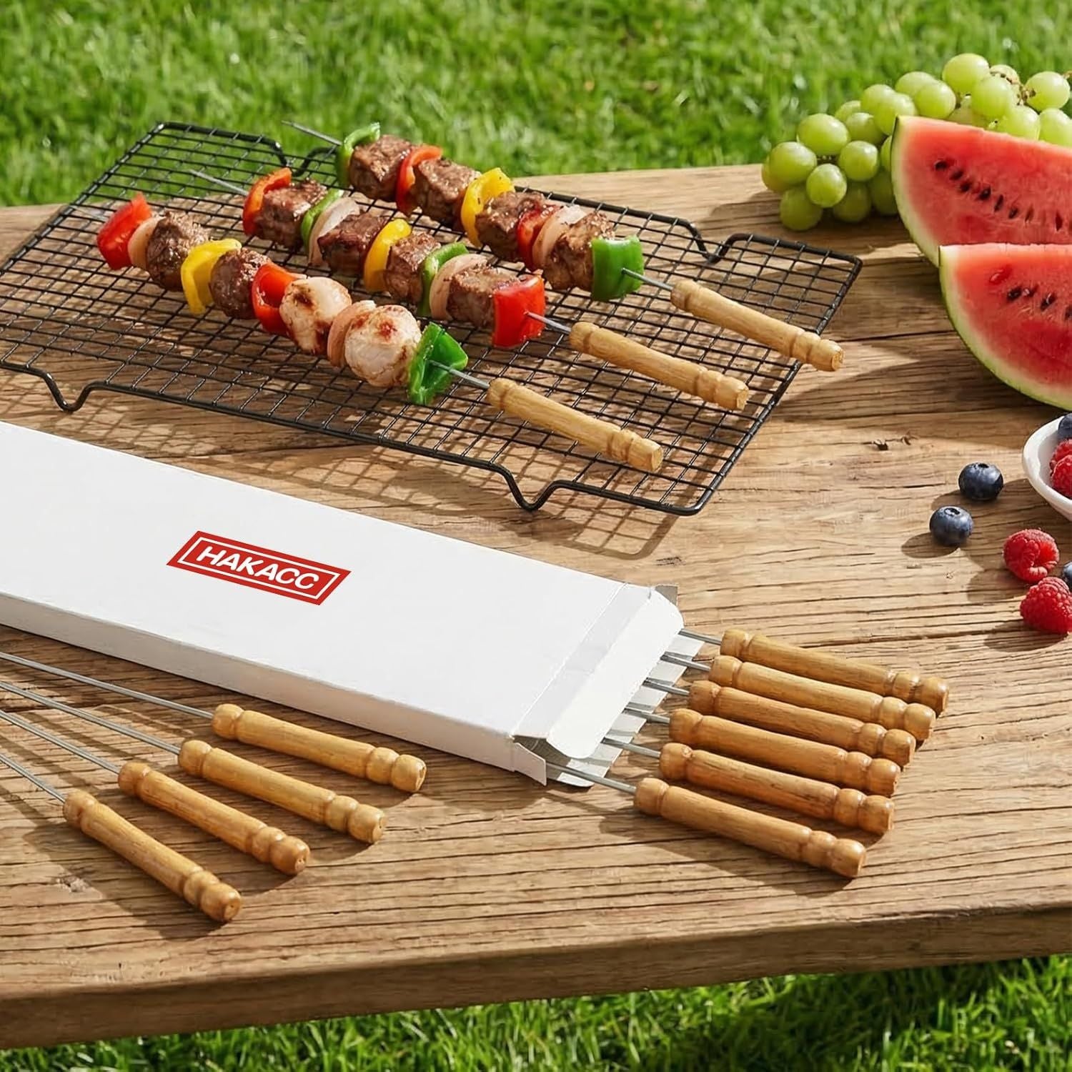 12 PCS Skewers for Grilling, Kabob Skewers with Wood Handle, Reusable BBQ Barbecue Sticks for Marshmallow, Hot Dog, Meat, Vegetable, Camping Cookware Grill Cooking, 11.7" Including Handle