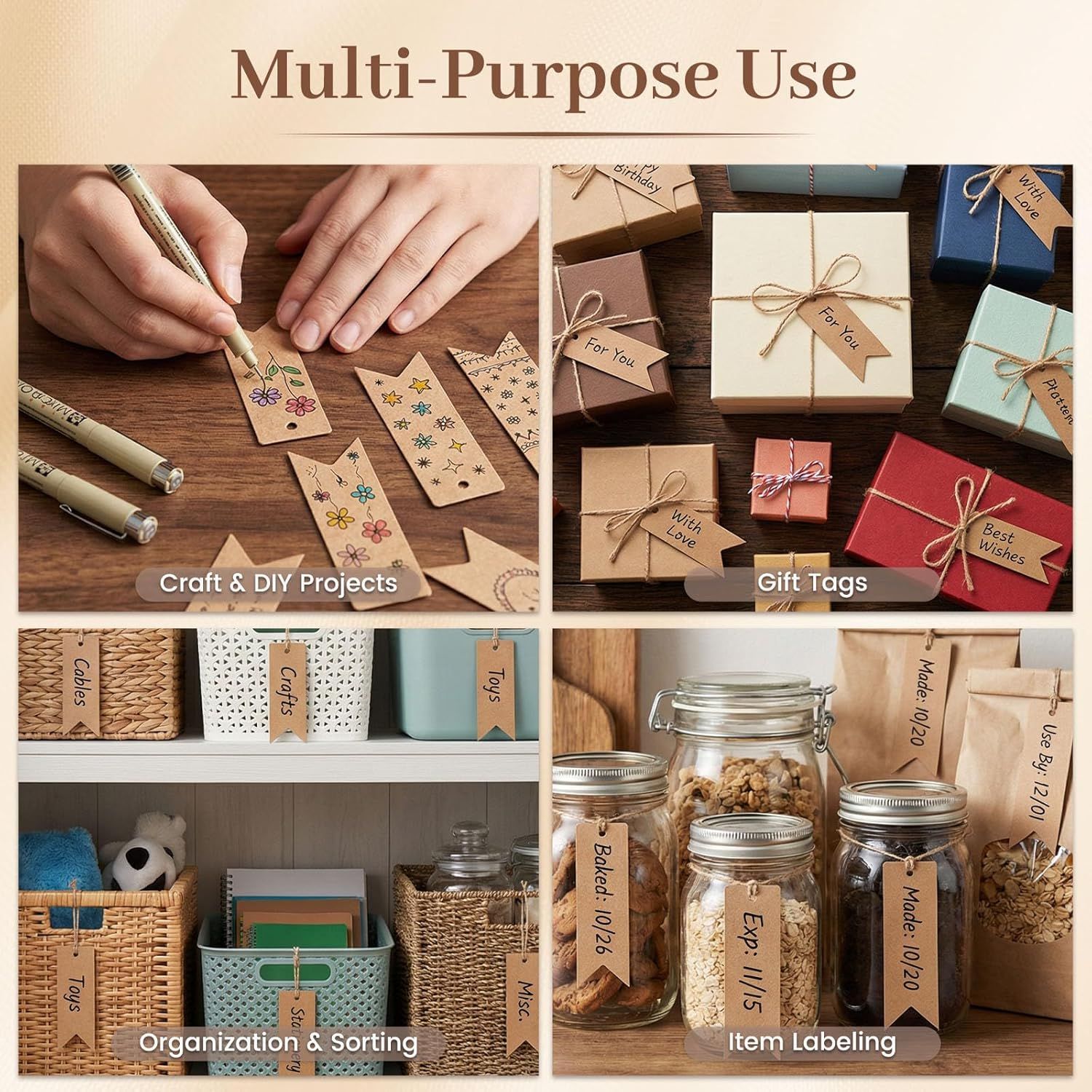 100PCS Kraft Paper Gift Tags, Mini with String for Wedding, DIY Crafts - 2.8 x 0.8 Inch