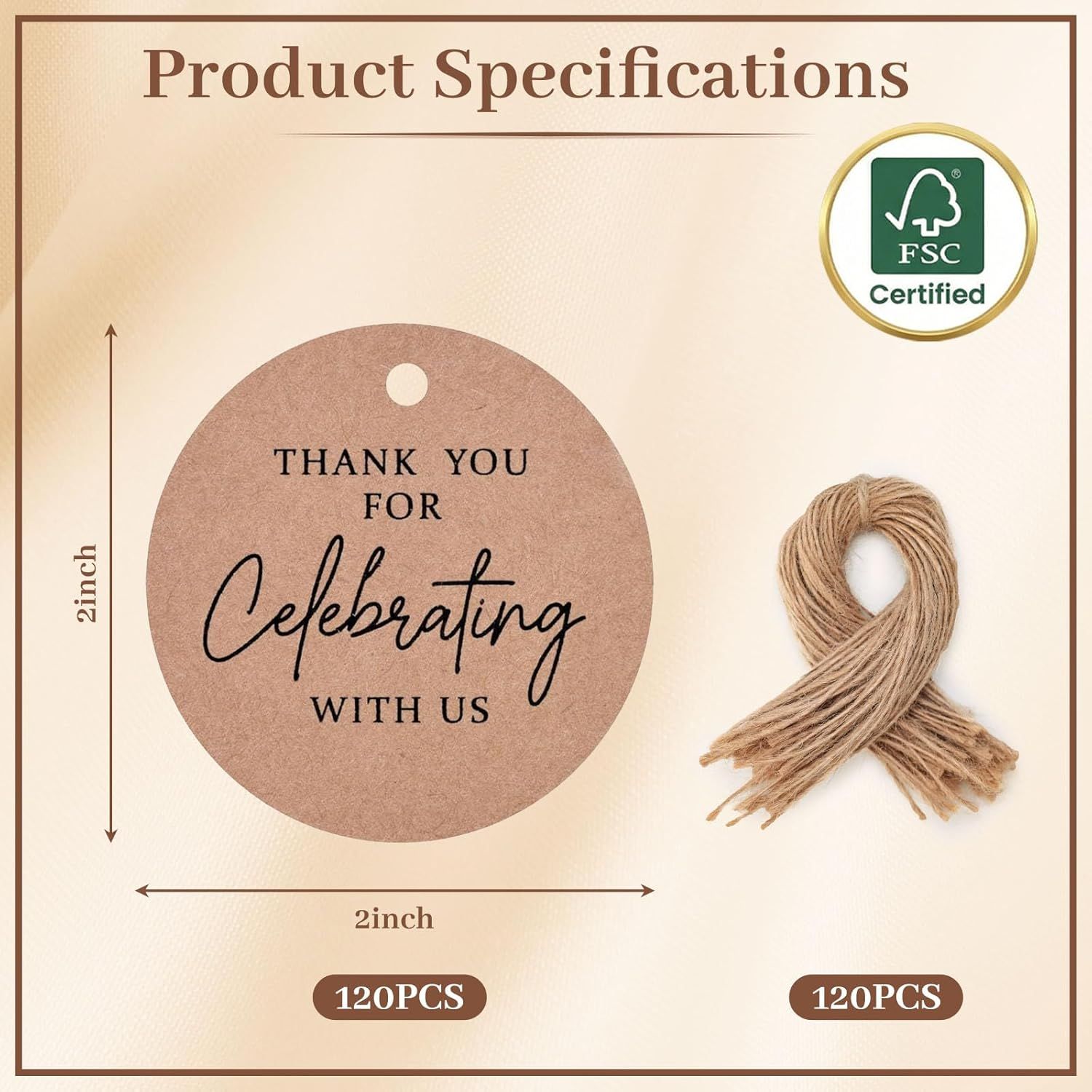 120PCS Thank You Tags, 2inch Brown Round Gift Tags with String, Perfect for Gift Wrapping, Wedding Parties, Baby Shower