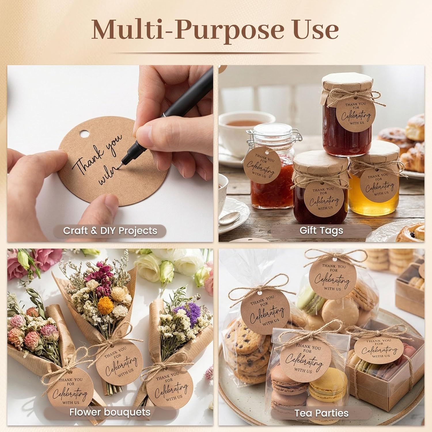120PCS Thank You Tags, 2inch Brown Round Gift Tags with String, Perfect for Gift Wrapping, Wedding Parties, Baby Shower