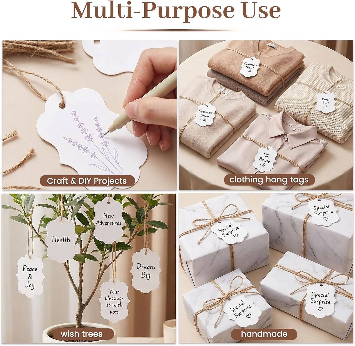 100pcs Gift Tags with String Attached, 2x2.8 inch Kraft Paper Hang Tags for Clothes DIY Crafts Wedding Holiday White