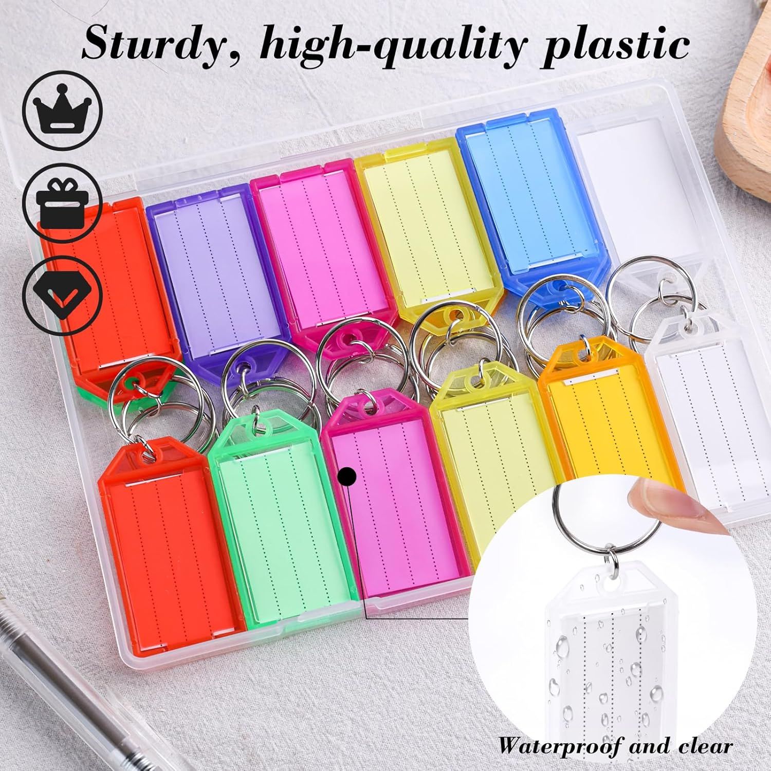 24 PCS Key Tags with Labels, Plastic Key Chain Tags with Transparent Covers and Split Rings for Luggage, Backpacks, Travel, Office, Item Identification, Personalization, 8 Colors
