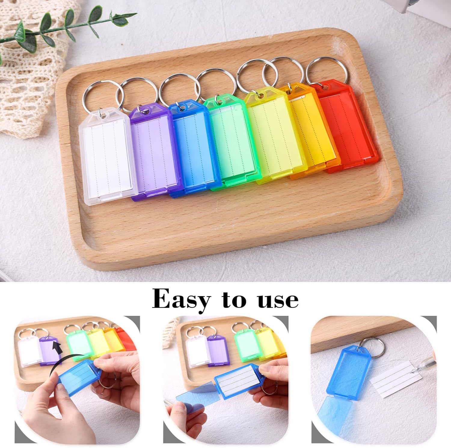 24 PCS Key Tags with Labels, Plastic Key Chain Tags with Transparent Covers and Split Rings for Luggage, Backpacks, Travel, Office, Item Identification, Personalization, 8 Colors