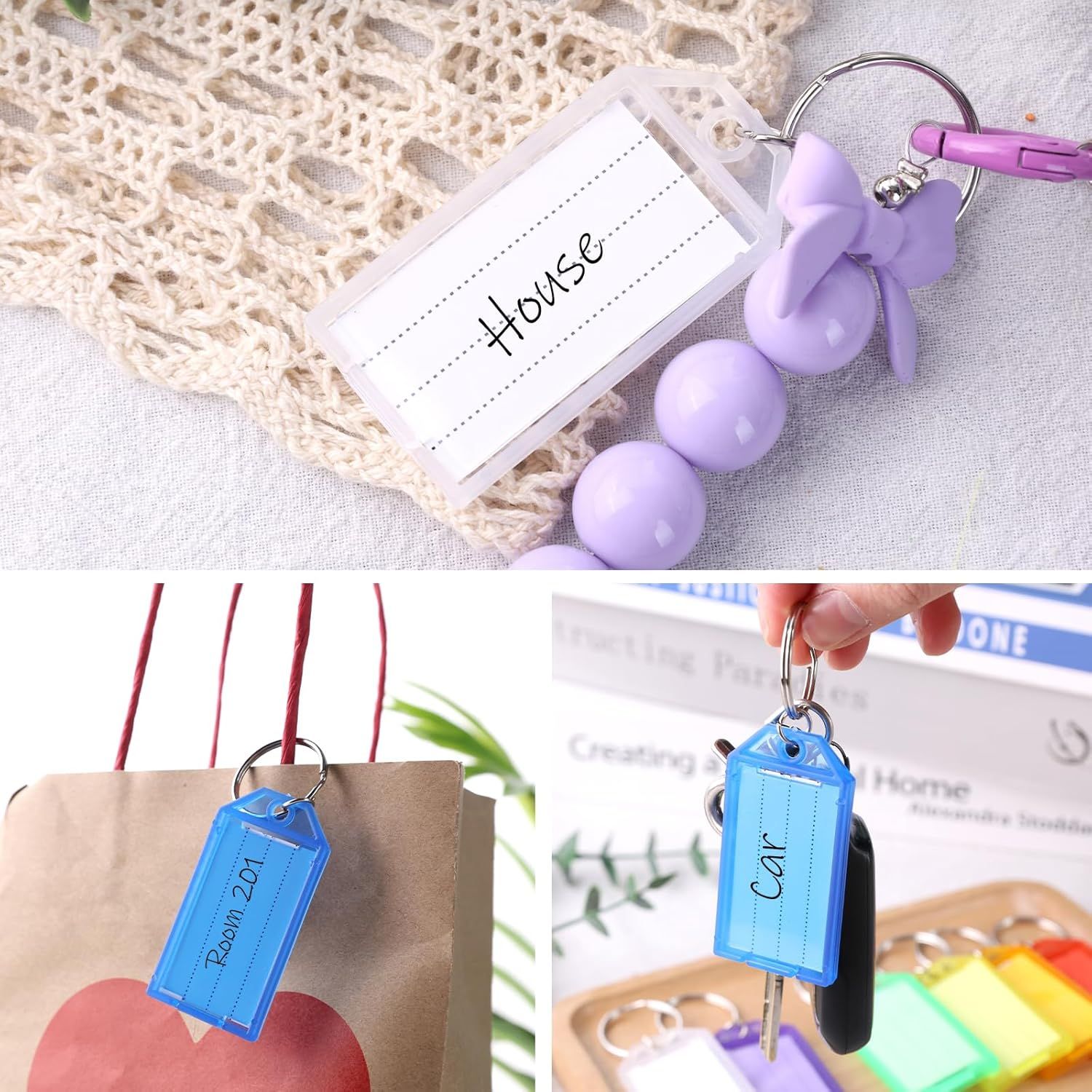 24 PCS Key Tags with Labels, Plastic Key Chain Tags with Transparent Covers and Split Rings for Luggage, Backpacks, Travel, Office, Item Identification, Personalization, 8 Colors