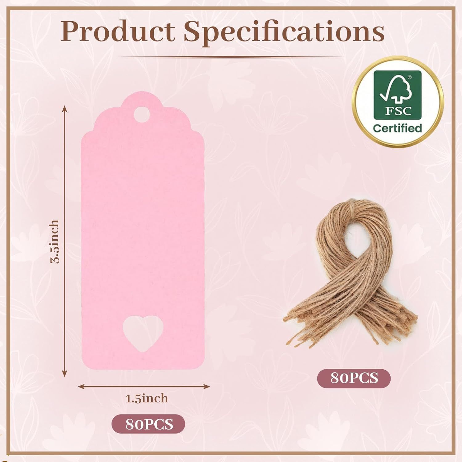 80PCS Gift Tags with String Attached, 3.5 x 1.5 Inches Pink Heart Gift Tags with String for Wedding, DIY Crafts