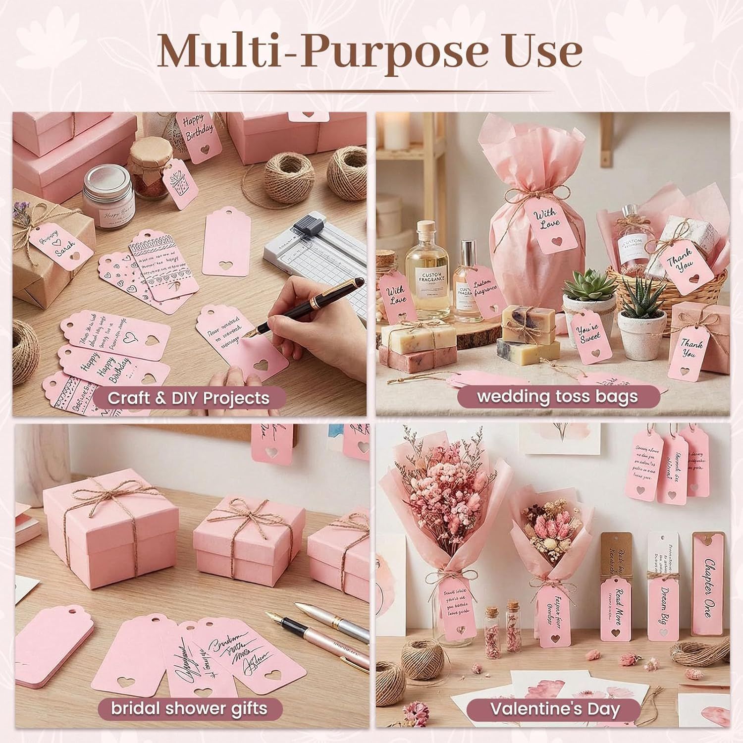 80PCS Gift Tags with String Attached, 3.5 x 1.5 Inches Pink Heart Gift Tags with String for Wedding, DIY Crafts