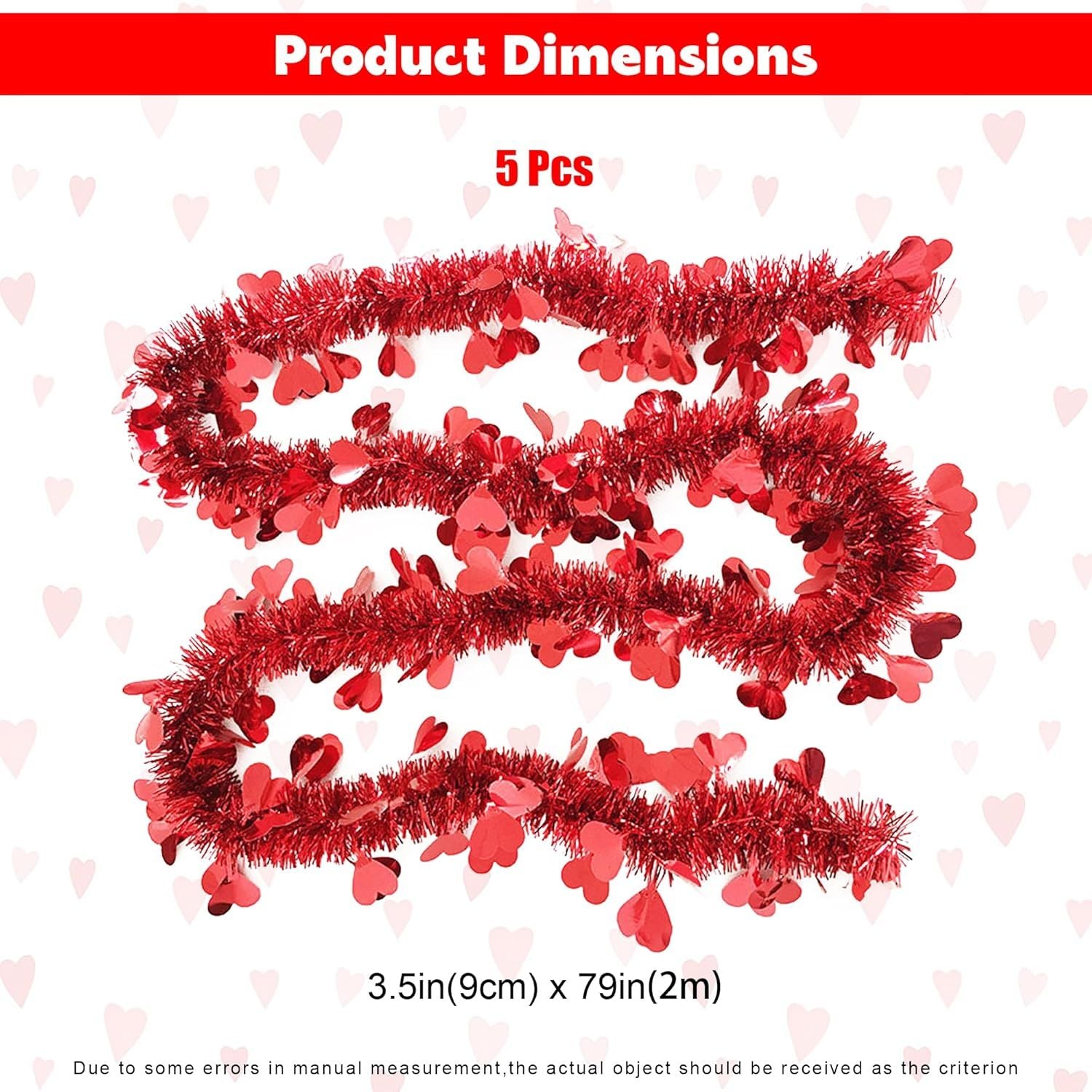 5Pcs 33Ft Valentine's Day Tinsel Garland, Red Heart Metallic Tinsel Twist Garland Shinny Hanging Heart Garlands for Tree Mantle Home Office Decor Wedding Anniversary Party Indoor Outdoor Decorations