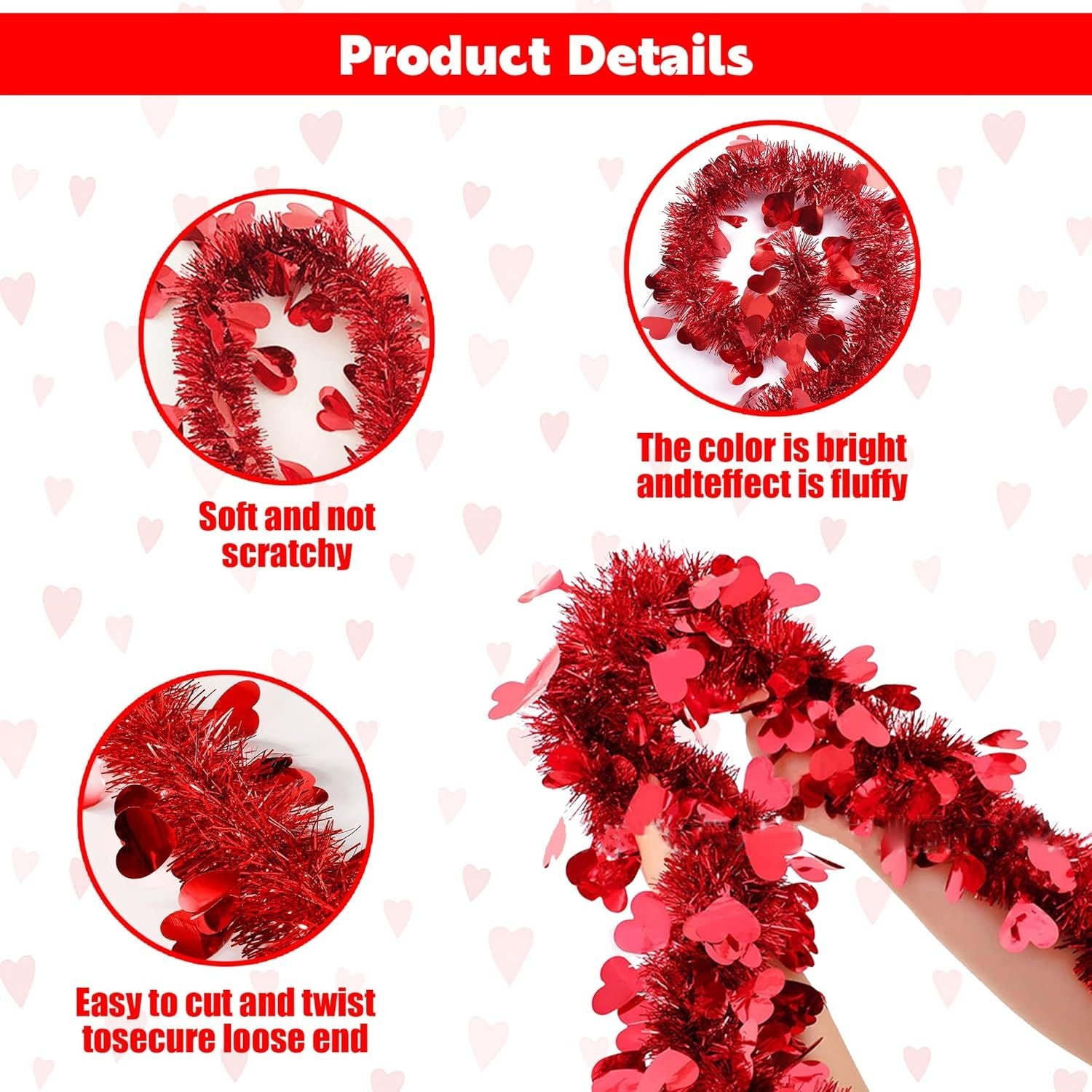5Pcs 33Ft Valentine's Day Tinsel Garland, Red Heart Metallic Tinsel Twist Garland Shinny Hanging Heart Garlands for Tree Mantle Home Office Decor Wedding Anniversary Party Indoor Outdoor Decorations