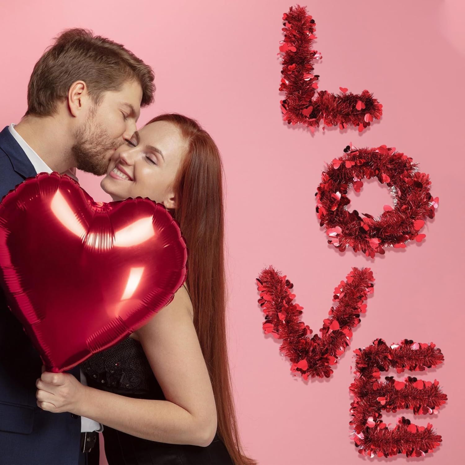 5Pcs 33Ft Valentine's Day Tinsel Garland, Red Heart Metallic Tinsel Twist Garland Shinny Hanging Heart Garlands for Tree Mantle Home Office Decor Wedding Anniversary Party Indoor Outdoor Decorations