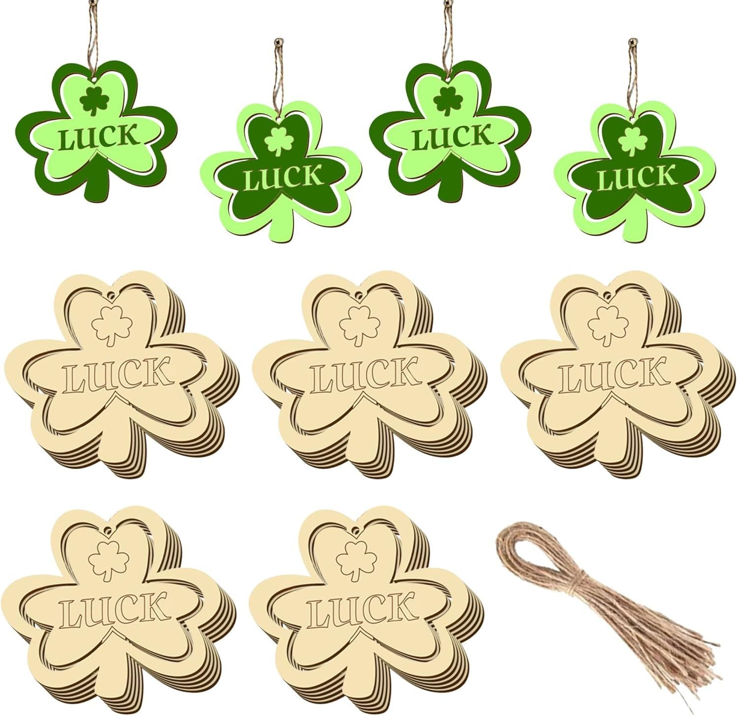 20Pcs Wooden Shamrock Ornaments to Paint, 3.2 Inch St. Patrick's Day Unfinished Wood Shamrock Cutouts, DIY Blank Luck Clover Shape Hanging Ornaments Ropes with for Crafts Tree Home Decor