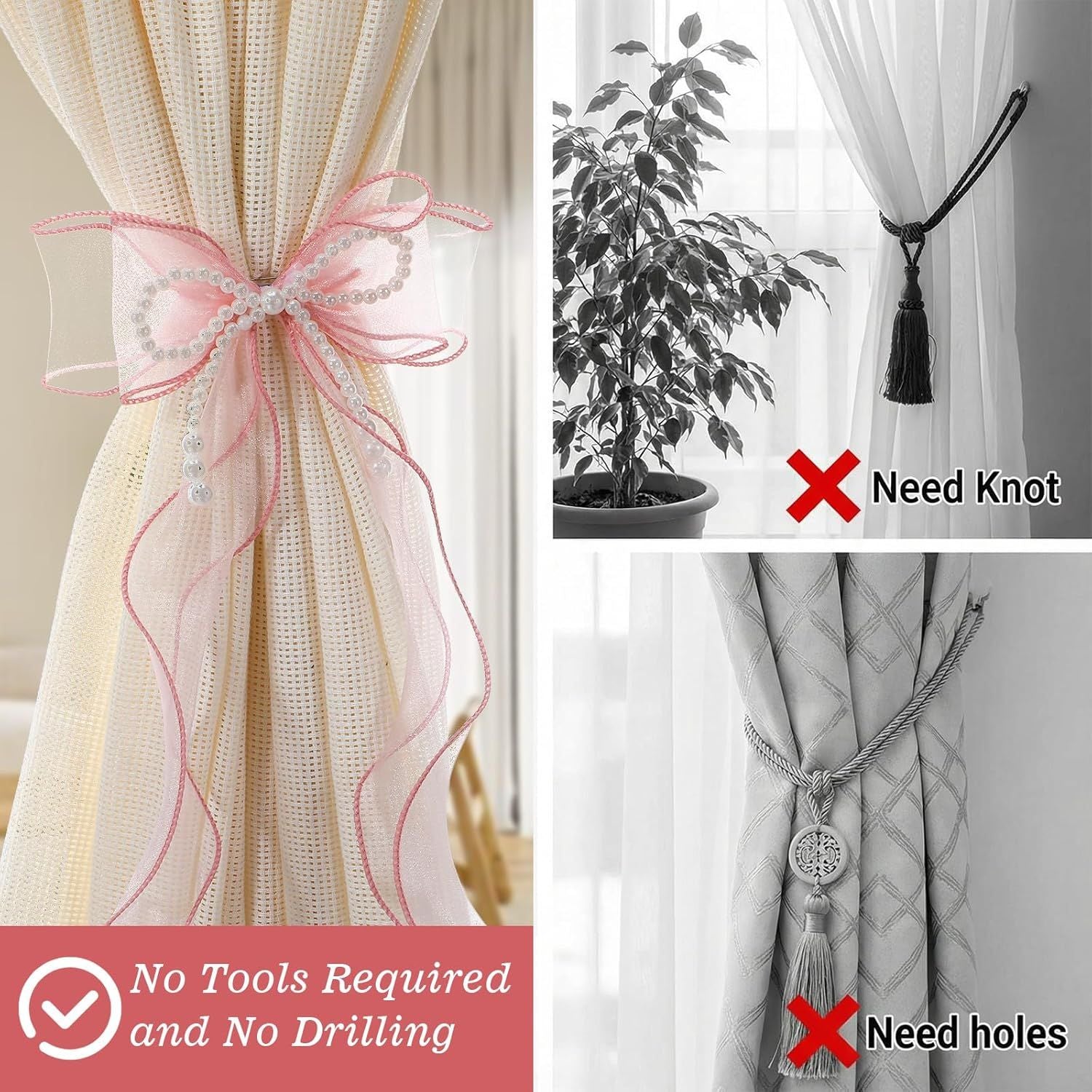 2PCS Pink Bow Curtain Tiebacks, Lace Ribbon Curtains Tie Backs for Room Decor Home Bedroom Living Women Girls Window Wedding Party Decor Accessories