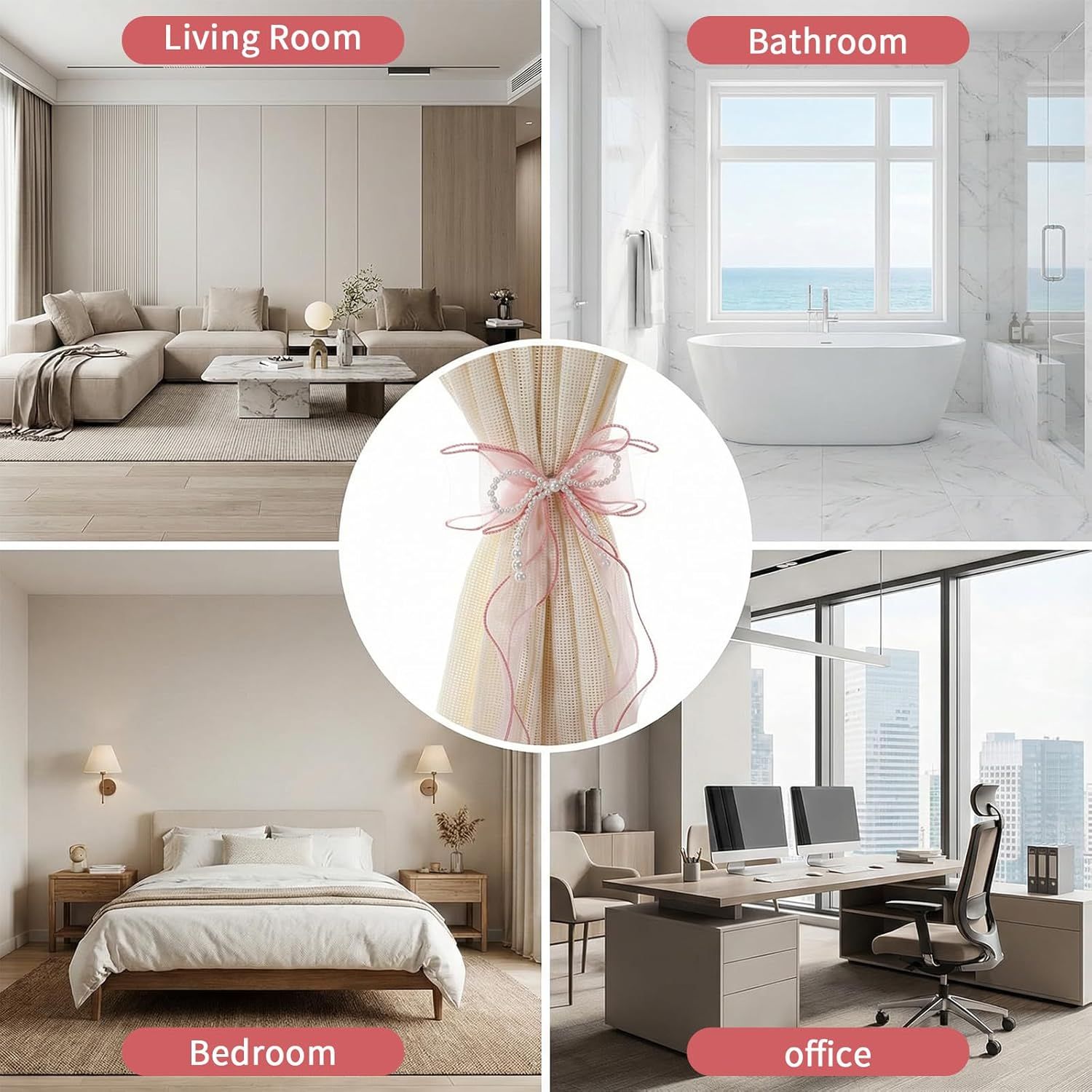 2PCS Pink Bow Curtain Tiebacks, Lace Ribbon Curtains Tie Backs for Room Decor Home Bedroom Living Women Girls Window Wedding Party Decor Accessories
