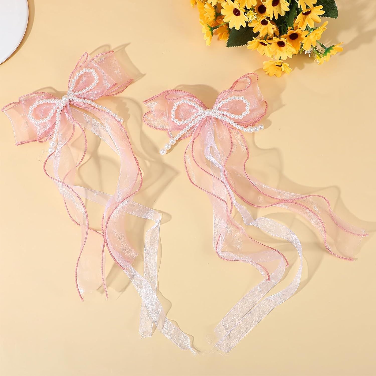 2PCS Pink Bow Curtain Tiebacks, Lace Ribbon Curtains Tie Backs for Room Decor Home Bedroom Living Women Girls Window Wedding Party Decor Accessories