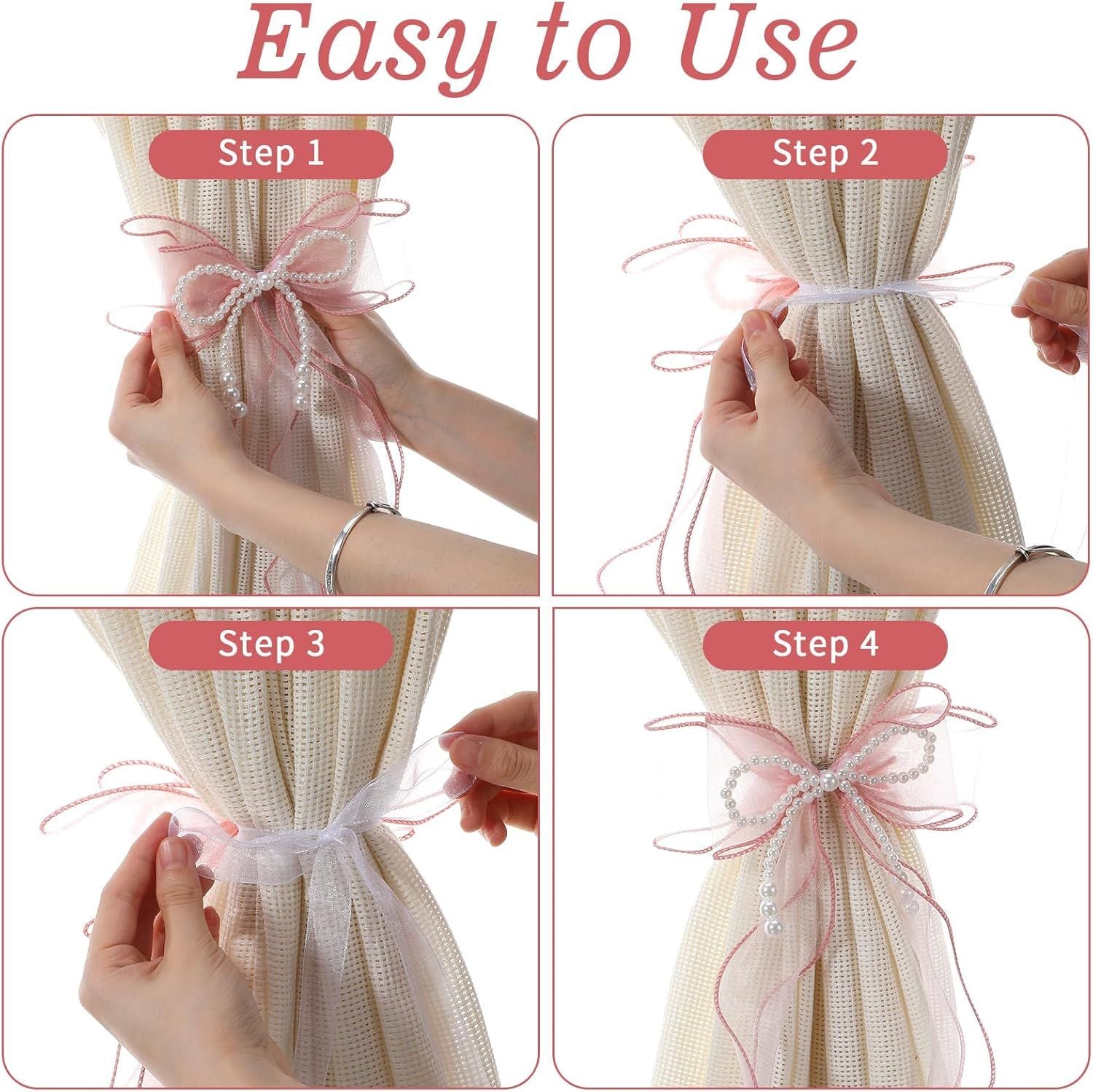 2PCS Pink Bow Curtain Tiebacks, Lace Ribbon Curtains Tie Backs for Room Decor Home Bedroom Living Women Girls Window Wedding Party Decor Accessories