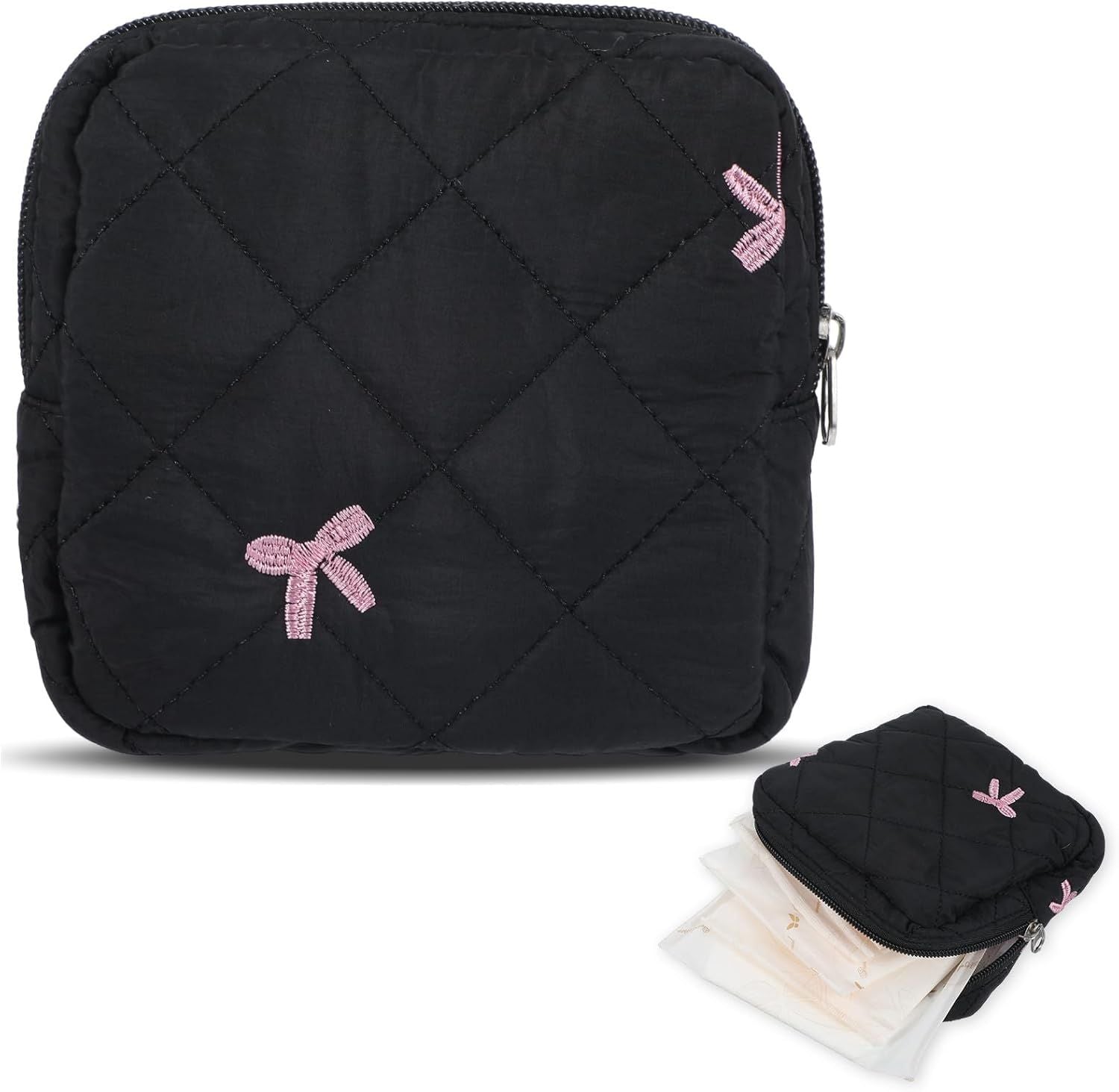 Portable Period Bags for Girls, Cute Bow Period Pouch for Pads Sanitary Napkins Small Tampons, Sanitary Napkin Storage Bag First Gifts for Girls Black