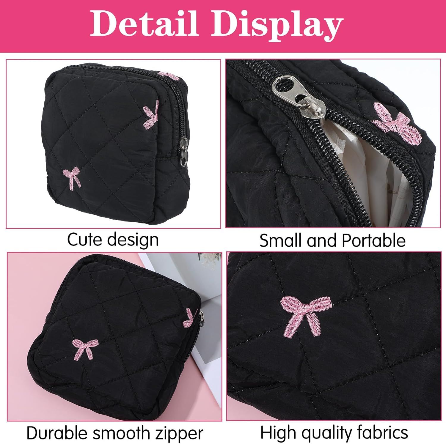 Portable Period Bags for Girls, Cute Bow Period Pouch for Pads Sanitary Napkins Small Tampons, Sanitary Napkin Storage Bag First Gifts for Girls Black