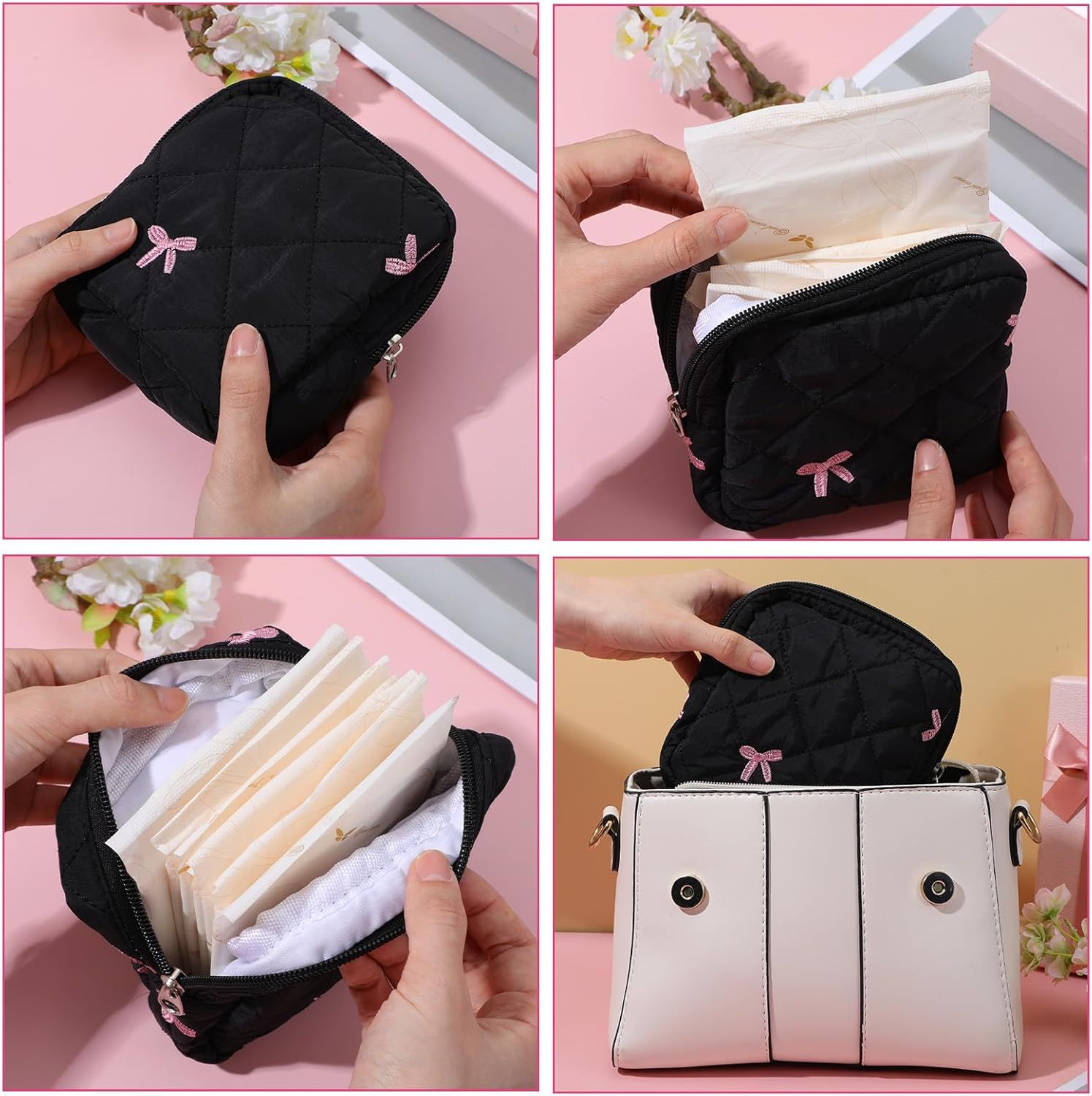 Portable Period Bags for Girls, Cute Bow Period Pouch for Pads Sanitary Napkins Small Tampons, Sanitary Napkin Storage Bag First Gifts for Girls Black
