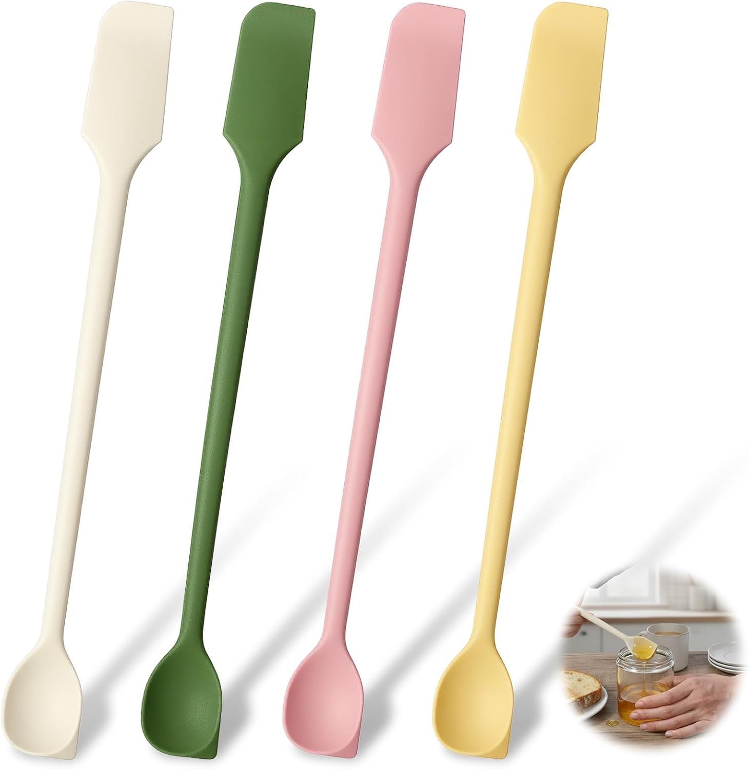 4 Pcs Long Dual-End Silicone Spatula, Small Spatula & Stirring Spoons for Jam Jars & Makeup, Thin Curved End for Scraping, Slim Spoon End for Scooping and Mixing 10.43 Inch