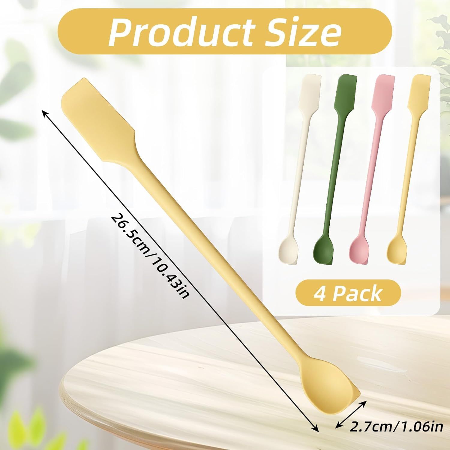 4 Pcs Long Dual-End Silicone Spatula, Small Spatula & Stirring Spoons for Jam Jars & Makeup, Thin Curved End for Scraping, Slim Spoon End for Scooping and Mixing 10.43 Inch