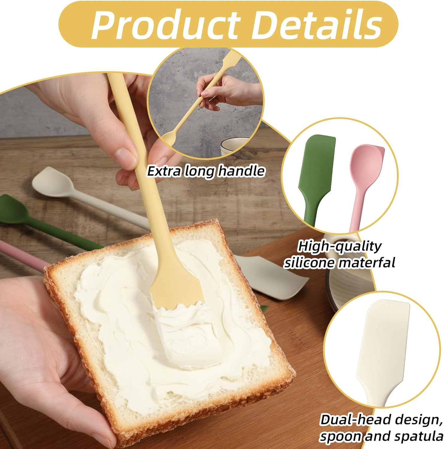 4 Pcs Long Dual-End Silicone Spatula, Small Spatula & Stirring Spoons for Jam Jars & Makeup, Thin Curved End for Scraping, Slim Spoon End for Scooping and Mixing 10.43 Inch