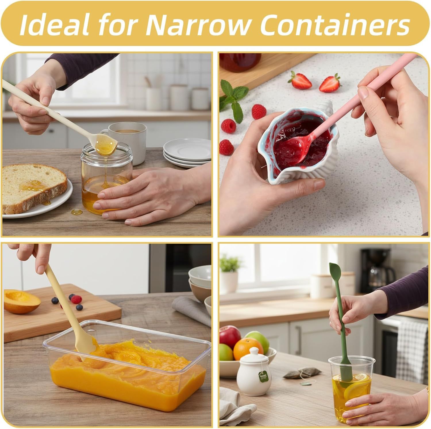 4 Pcs Long Dual-End Silicone Spatula, Small Spatula & Stirring Spoons for Jam Jars & Makeup, Thin Curved End for Scraping, Slim Spoon End for Scooping and Mixing 10.43 Inch