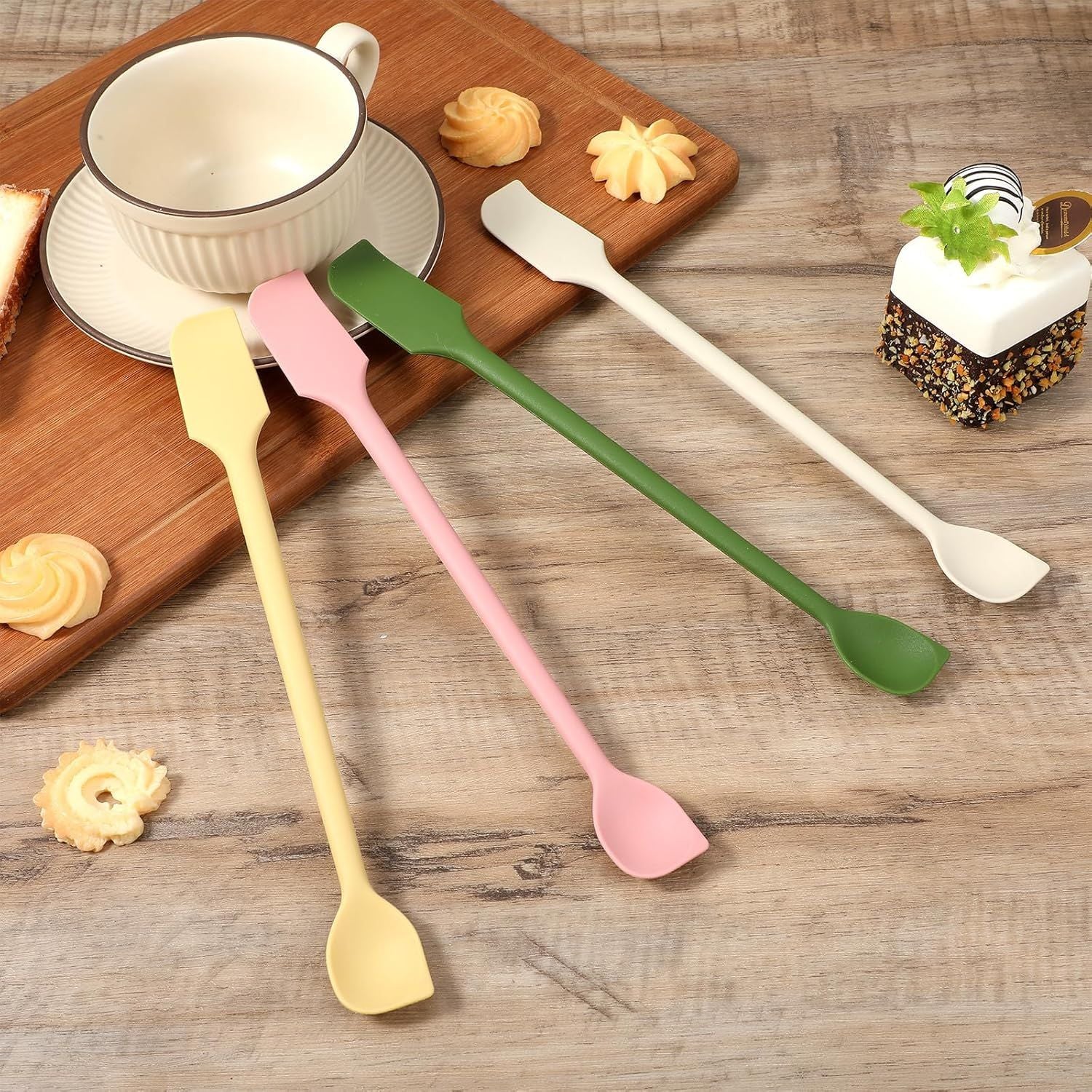 4 Pcs Long Dual-End Silicone Spatula, Small Spatula & Stirring Spoons for Jam Jars & Makeup, Thin Curved End for Scraping, Slim Spoon End for Scooping and Mixing 10.43 Inch