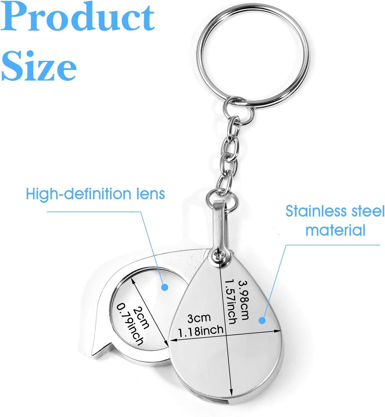 2 Pcs 10x Mini Pocket Magnifying Glass, Small Rotating Folding Jewelry Loupe, Stainless Steel Portable Pocket Magnifier with Keychain for Reading, Coin, Jewelry or Exploring Silver, Boxed