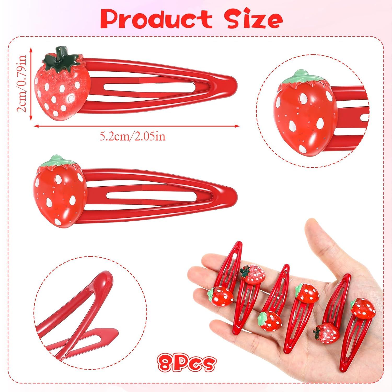 8PCS Small Strawberry Hair Clips, Metal Snap Hair Clips for Women Girls, Cute Hairs Barrettes Cute Strawberry Hairs Accessories for Girls Toddlers Kids and Teens Gifts Red