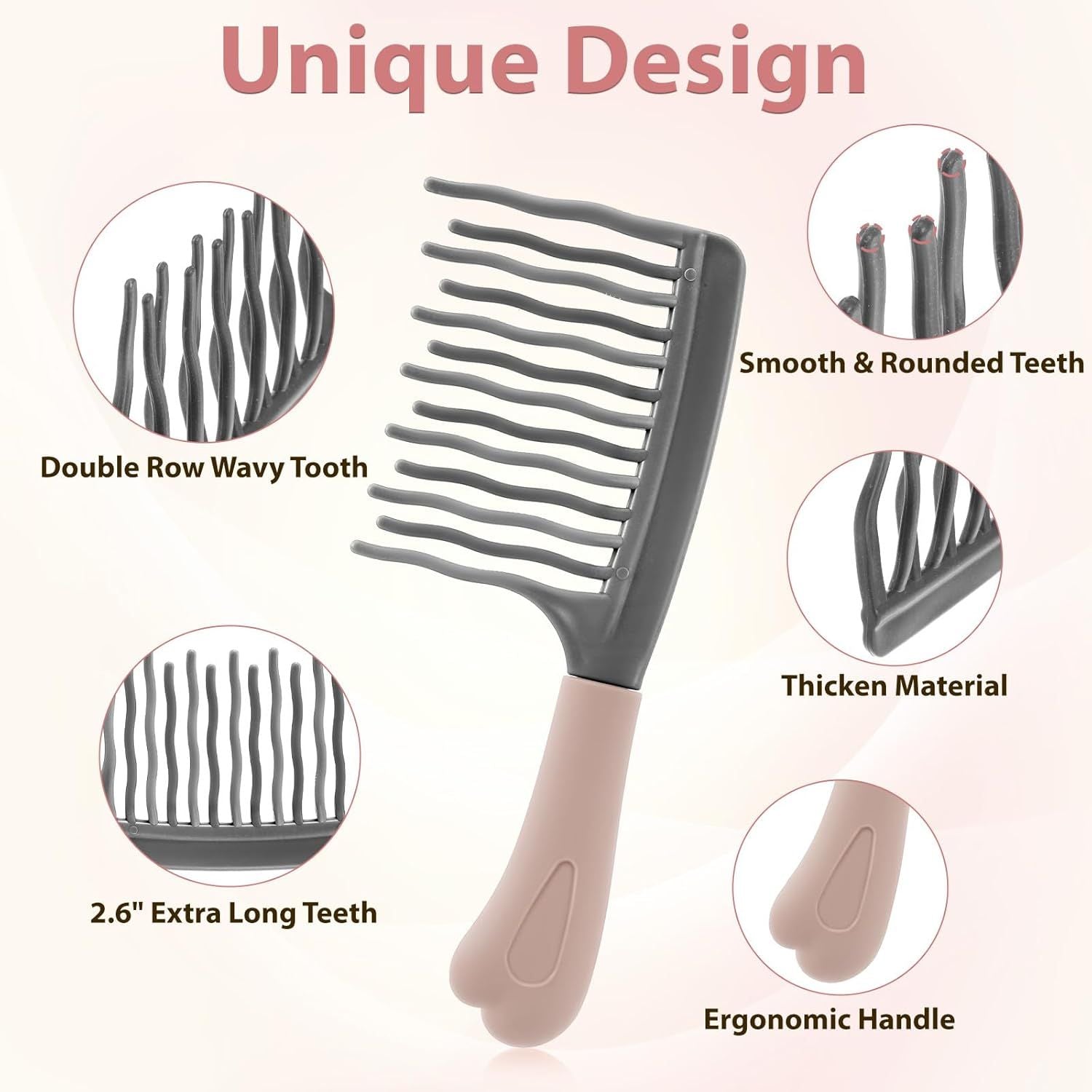 Wide Tooth Comb for Curls, Curly Hair Comb with Double Row Wavy Tooth for Curls Wavy Thick Long Wet Dry Hairs, Detangler Hairs Brush Large Teeth Shower for Women Girl Grey