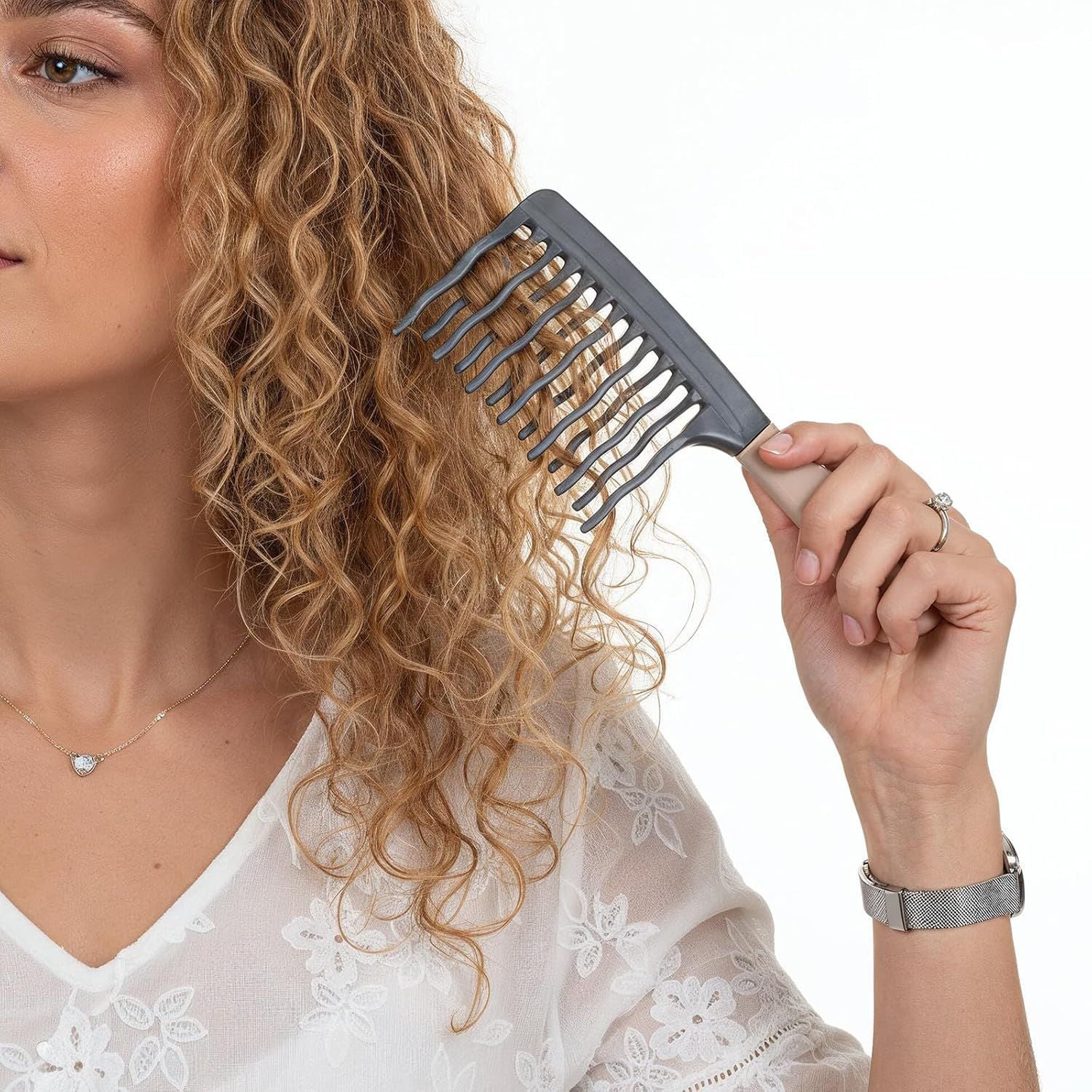 Wide Tooth Comb for Curls, Curly Hair Comb with Double Row Wavy Tooth for Curls Wavy Thick Long Wet Dry Hairs, Detangler Hairs Brush Large Teeth Shower for Women Girl Grey