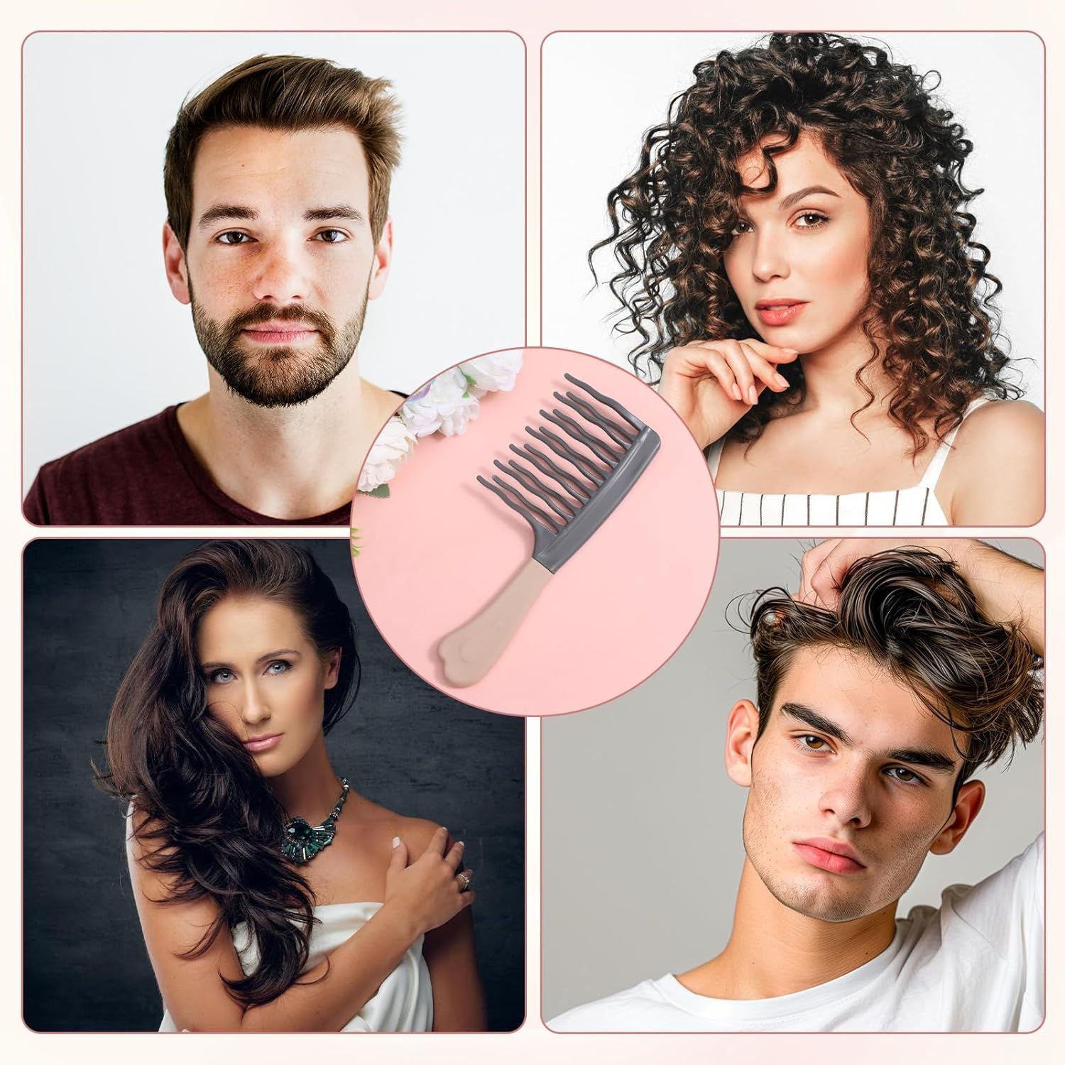 Wide Tooth Comb for Curls, Curly Hair Comb with Double Row Wavy Tooth for Curls Wavy Thick Long Wet Dry Hairs, Detangler Hairs Brush Large Teeth Shower for Women Girl Grey