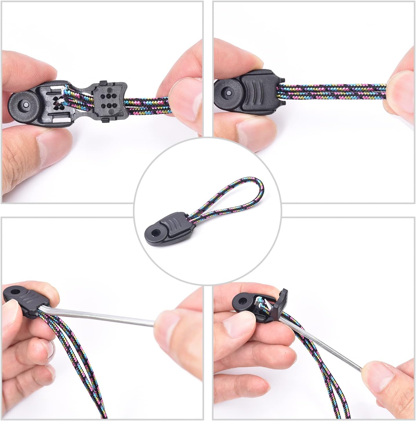 CooBigo 20 Pack Zipper Pull Cord Ends Zipcords Stopper Paracord Parachute Clips Running Shoe lace Elastic Shock Bungee Rope Drawstrings Ends Lock DIY Replacement Plastic Black