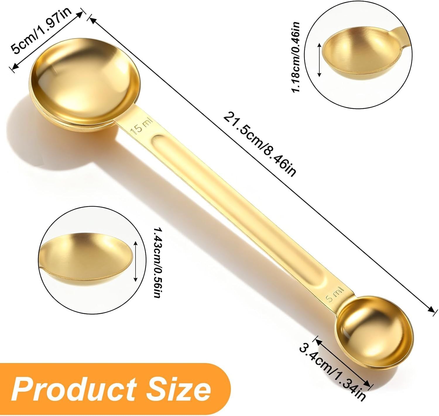 Double Sided Measuring Spoon, Long Handle Teaspoon Measuring Spoon Stainless Steel Coffee Measurings Scoop Spoons 5ml and 15ml, Dual-Measure Long-Handle Spoons for Tea Sugar Baking Precise Gold