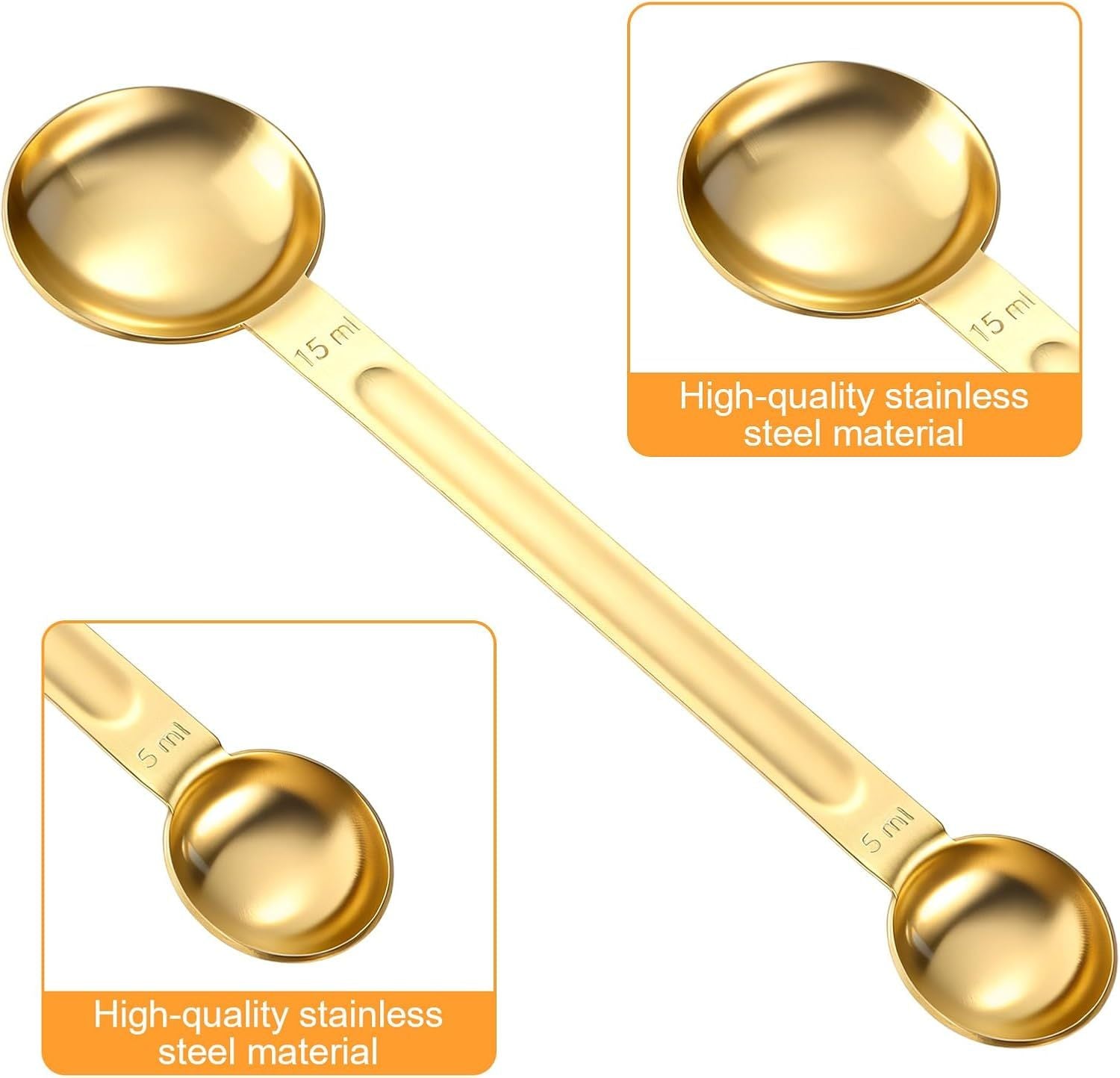 Double Sided Measuring Spoon, Long Handle Teaspoon Measuring Spoon Stainless Steel Coffee Measurings Scoop Spoons 5ml and 15ml, Dual-Measure Long-Handle Spoons for Tea Sugar Baking Precise Gold