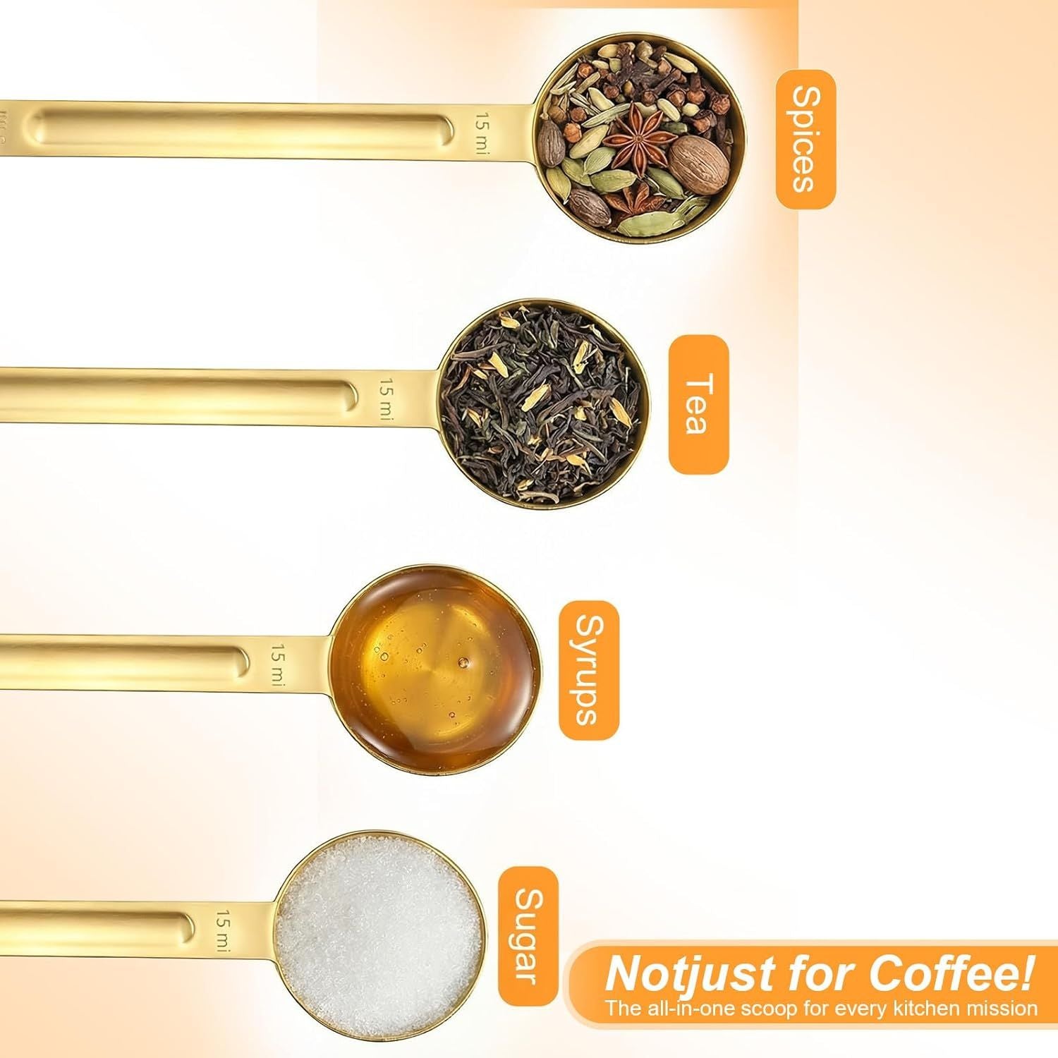 Double Sided Measuring Spoon, Long Handle Teaspoon Measuring Spoon Stainless Steel Coffee Measurings Scoop Spoons 5ml and 15ml, Dual-Measure Long-Handle Spoons for Tea Sugar Baking Precise Gold