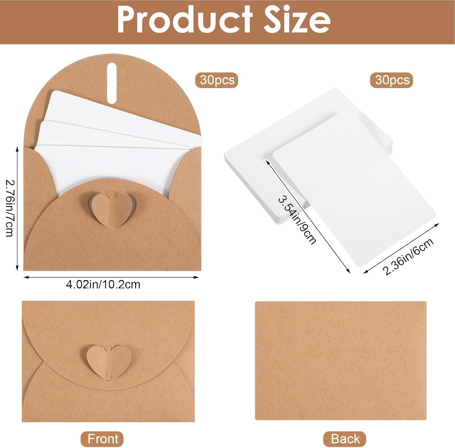 30 Pcs Mini Envelopes with Blank Cards, 4.02×2.76in Cute Envelopes with Heart Clasp, Paper Gift Card Holders, Tiny Envelope for Business Card, Weddings Favors, Greeting Cards