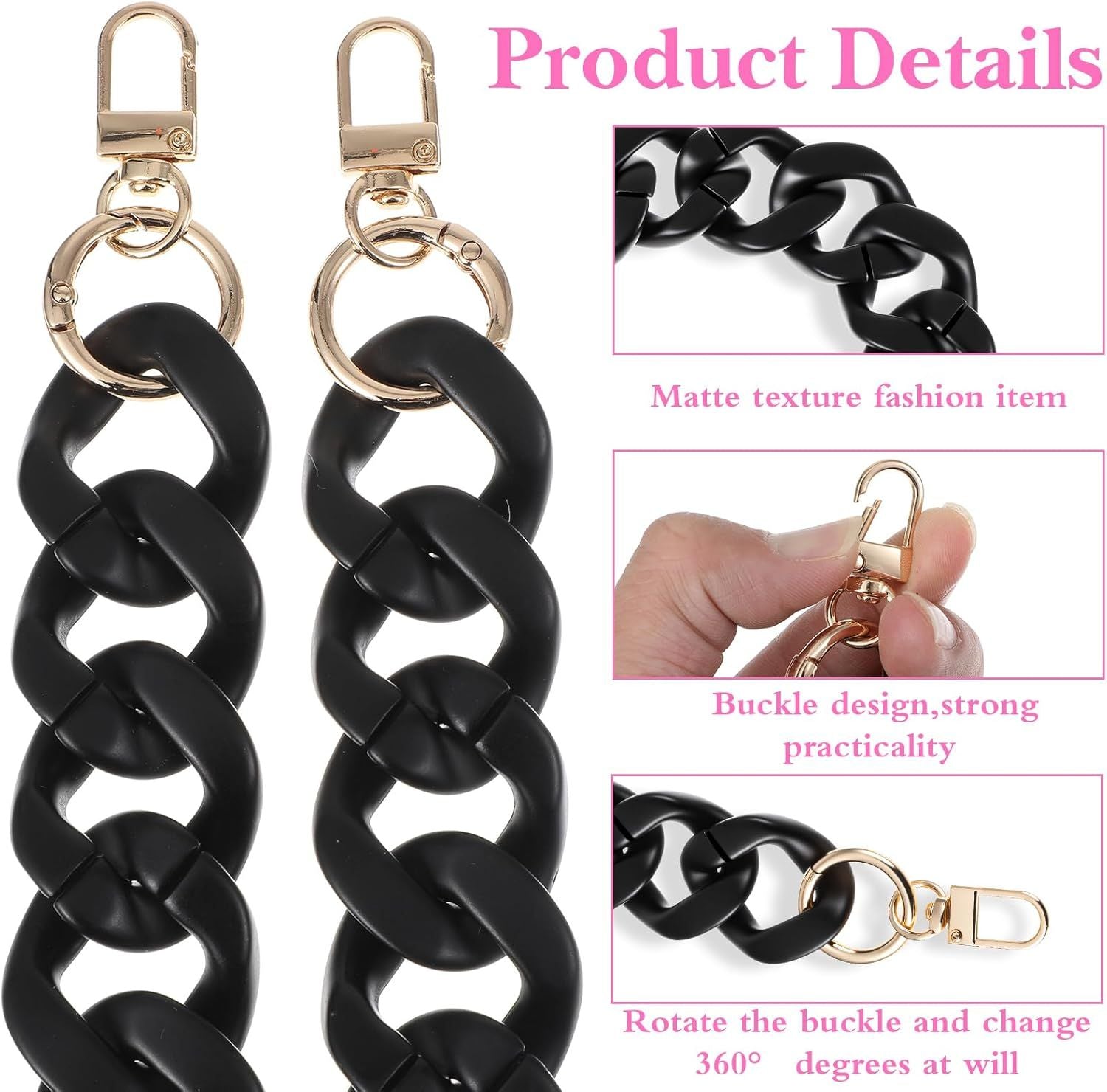 1PCS Black Purse Chain Replacement, 15.7 Inch Acrylic Bag Chain, Black Purse Chains Strap, Adjustable Handbag Strap Handles for Shoulder Bags DIY Crafts
