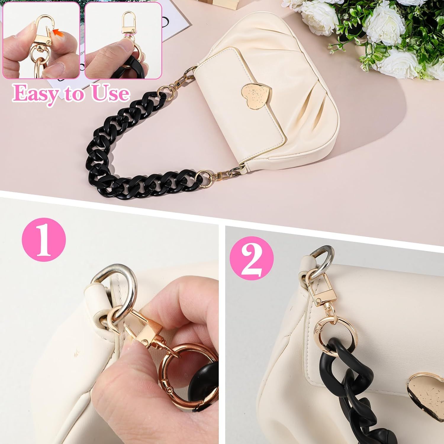 1PCS Black Purse Chain Replacement, 15.7 Inch Acrylic Bag Chain, Black Purse Chains Strap, Adjustable Handbag Strap Handles for Shoulder Bags DIY Crafts