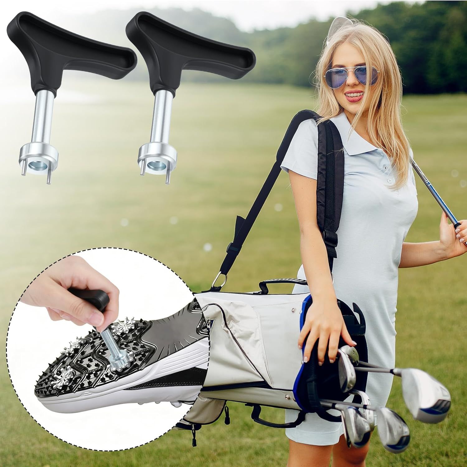 2 Pcs Golf Spike Removal Tool, Stainless Steel Golf Shoe Spikes Wrench, Multifunction Golf Wrench, Adjustment Cleat Key Remover for Spike Shoes Universal, Black
