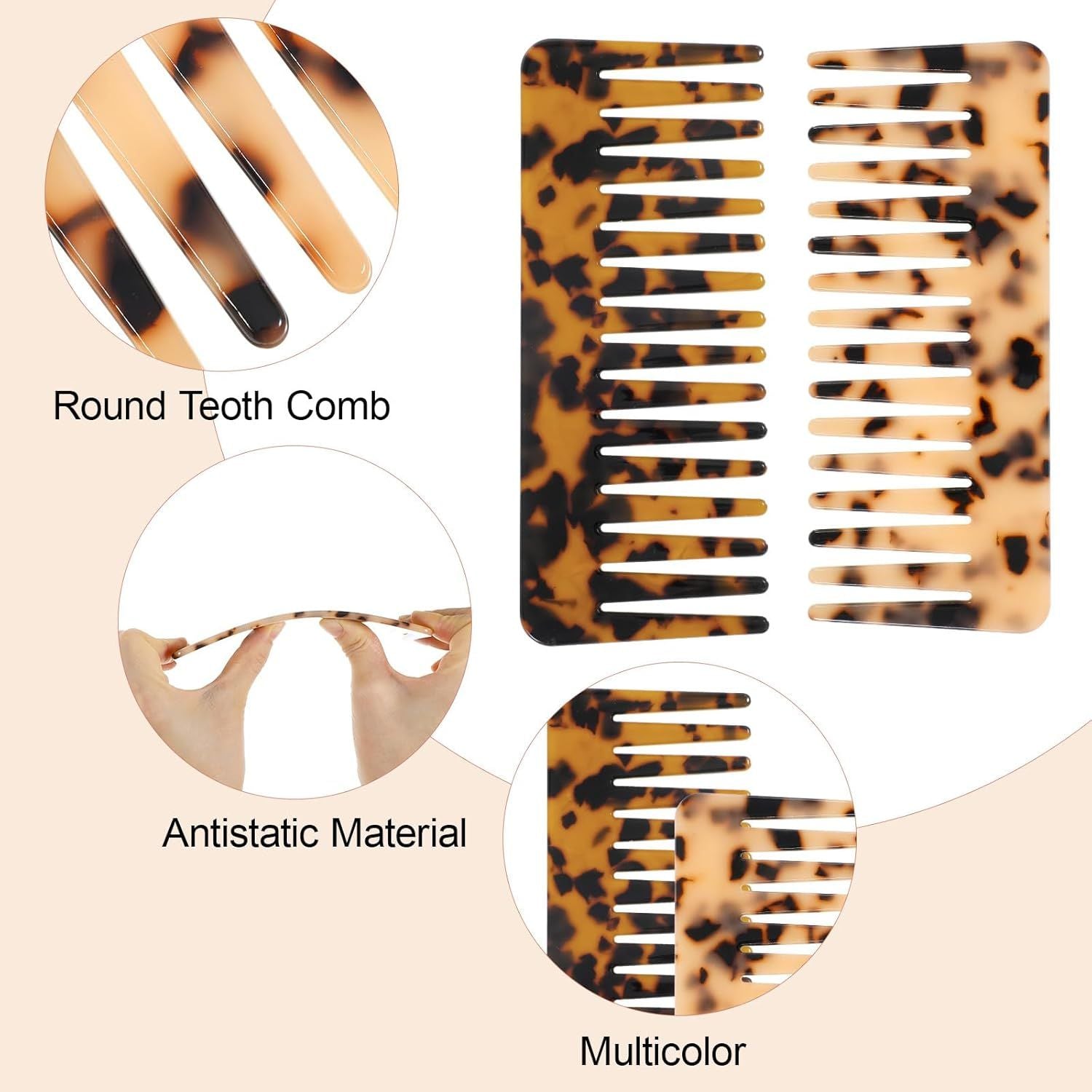 2PCS Large Wide Tooth Combs for Curls, Tortoise Shell Comb, Large Detangling Comb Cellulose Detangler Combs for Women Thick Curly Wavy Wet Dry Hair Tortoise Shell, Ivory