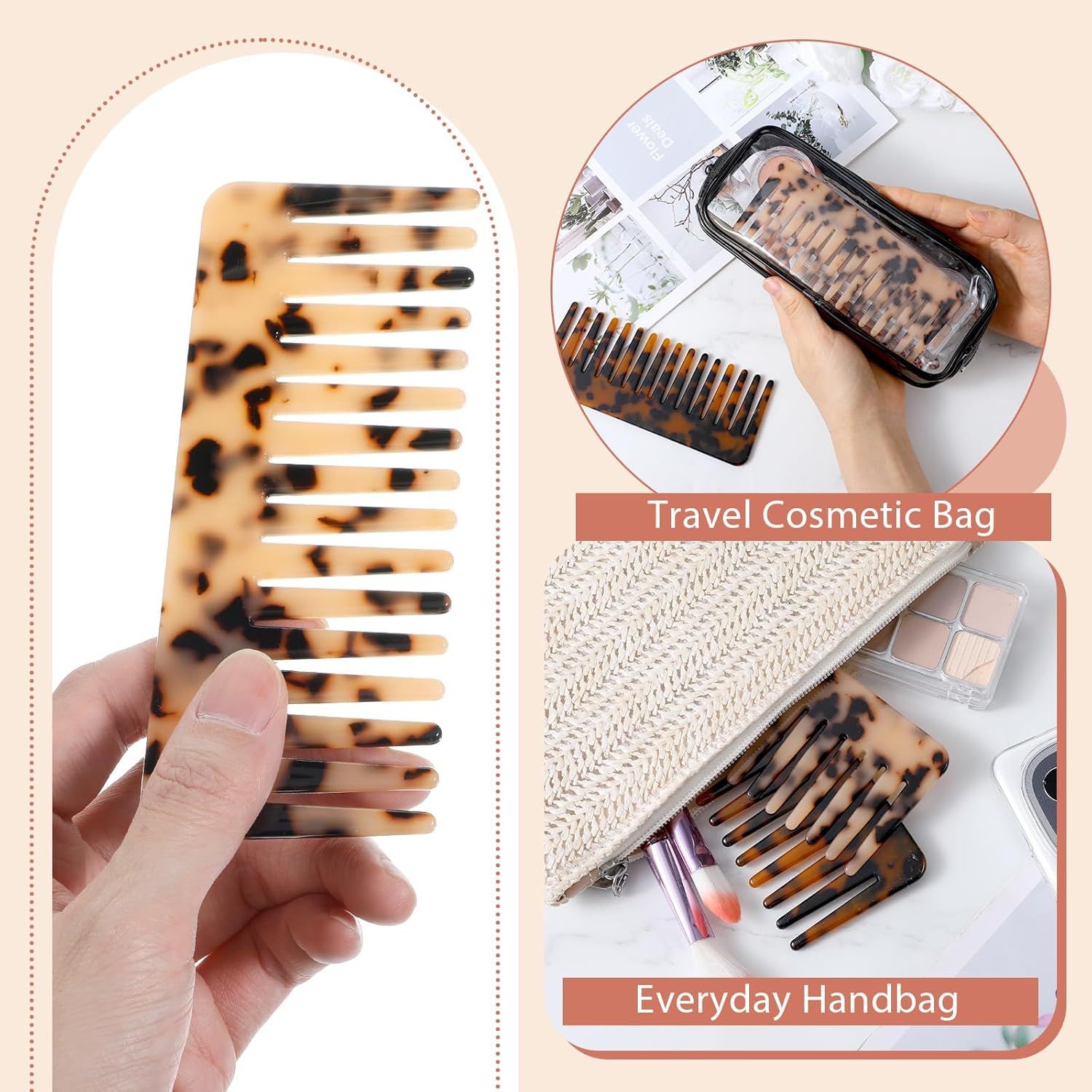 2PCS Large Wide Tooth Combs for Curls, Tortoise Shell Comb, Large Detangling Comb Cellulose Detangler Combs for Women Thick Curly Wavy Wet Dry Hair Tortoise Shell, Ivory
