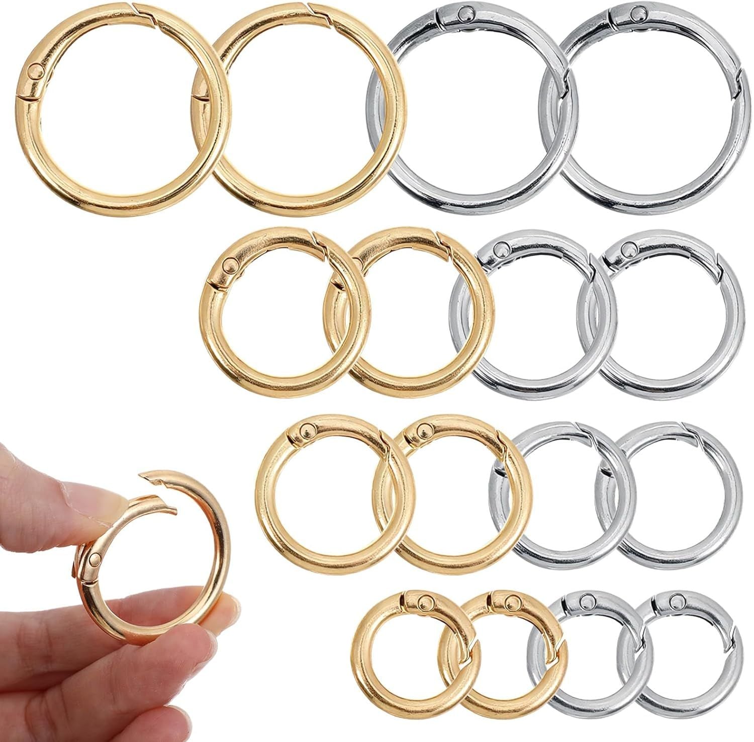 16 Pcs Spring O Ring Clips, Metal Key Ring Clips, Round Carabiner Clip, Small Keychain Clip for Keys, Buckle, Handbag, Bag Purse, Mini Keyring, Replacement Paracord Keychain Gold, Silver